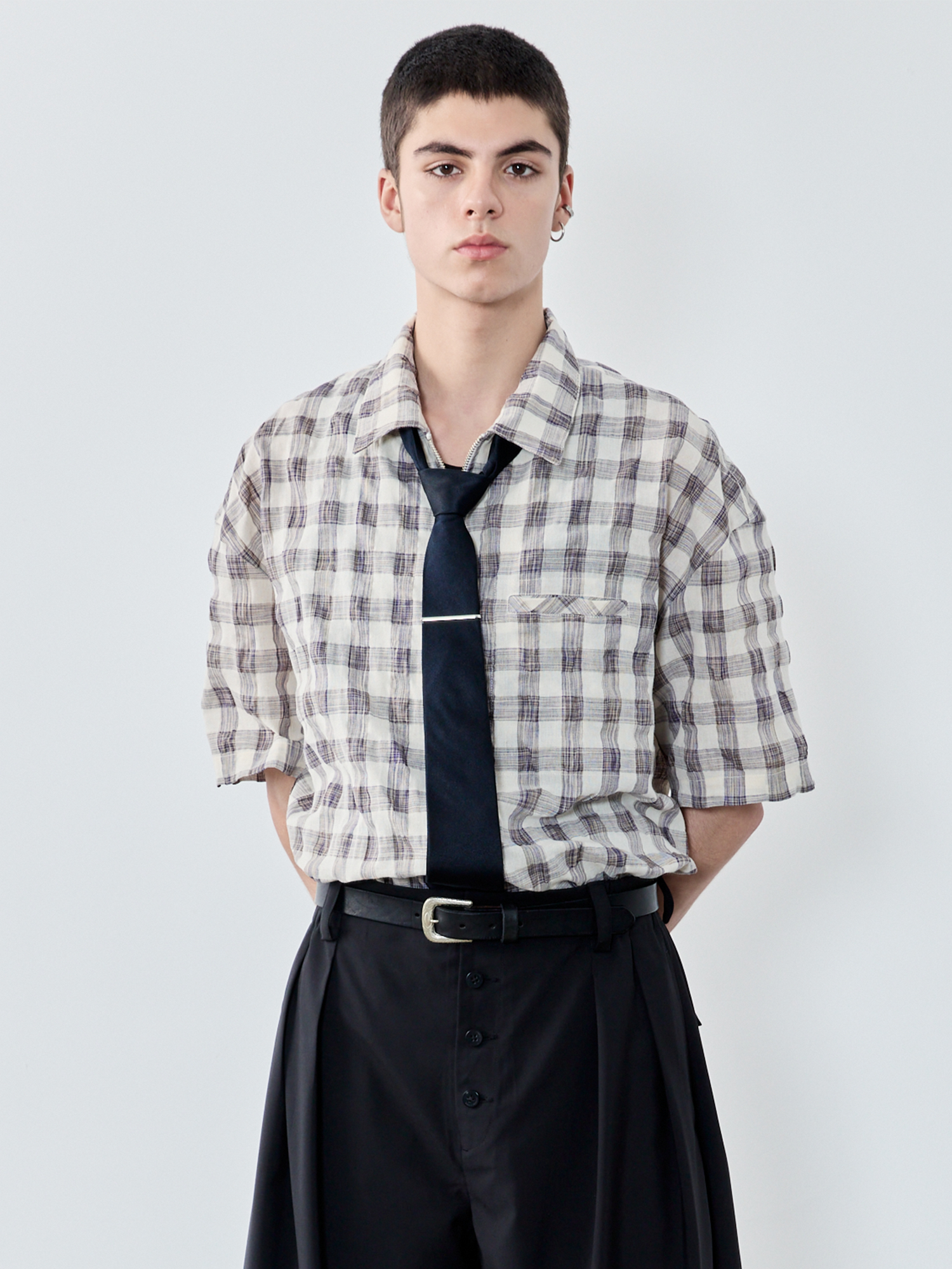 GRAINMUSTARD Retro Plaid Zip Half Shirt-Half shirt-XS-Free Shipping Leatheretro