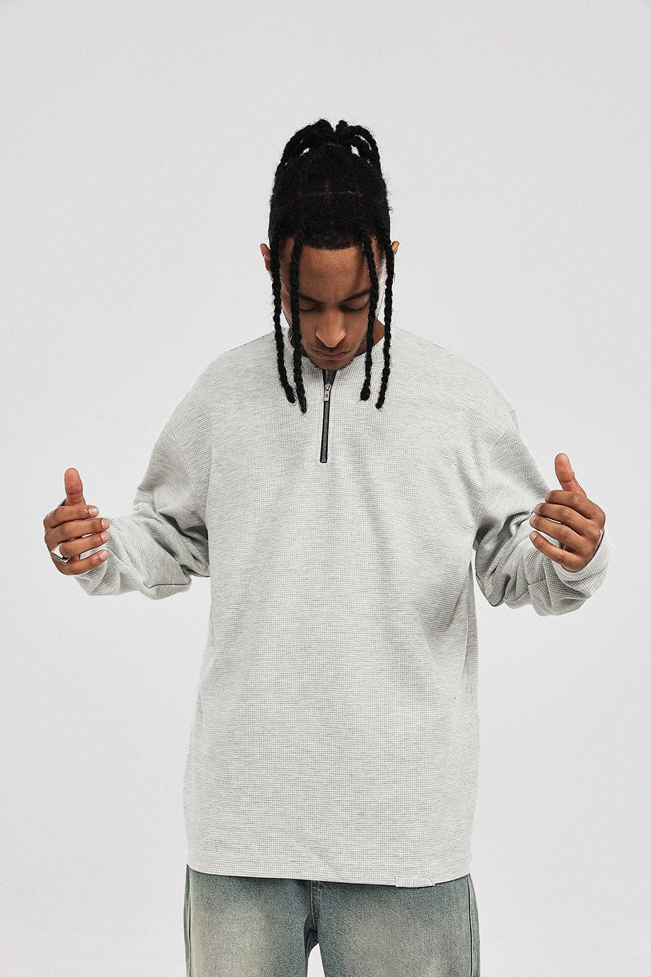 BONELESS Collarless Half-Zip Waffle L/S Tee-L/S Tee-S-Grey-Free Shipping Leatheretro