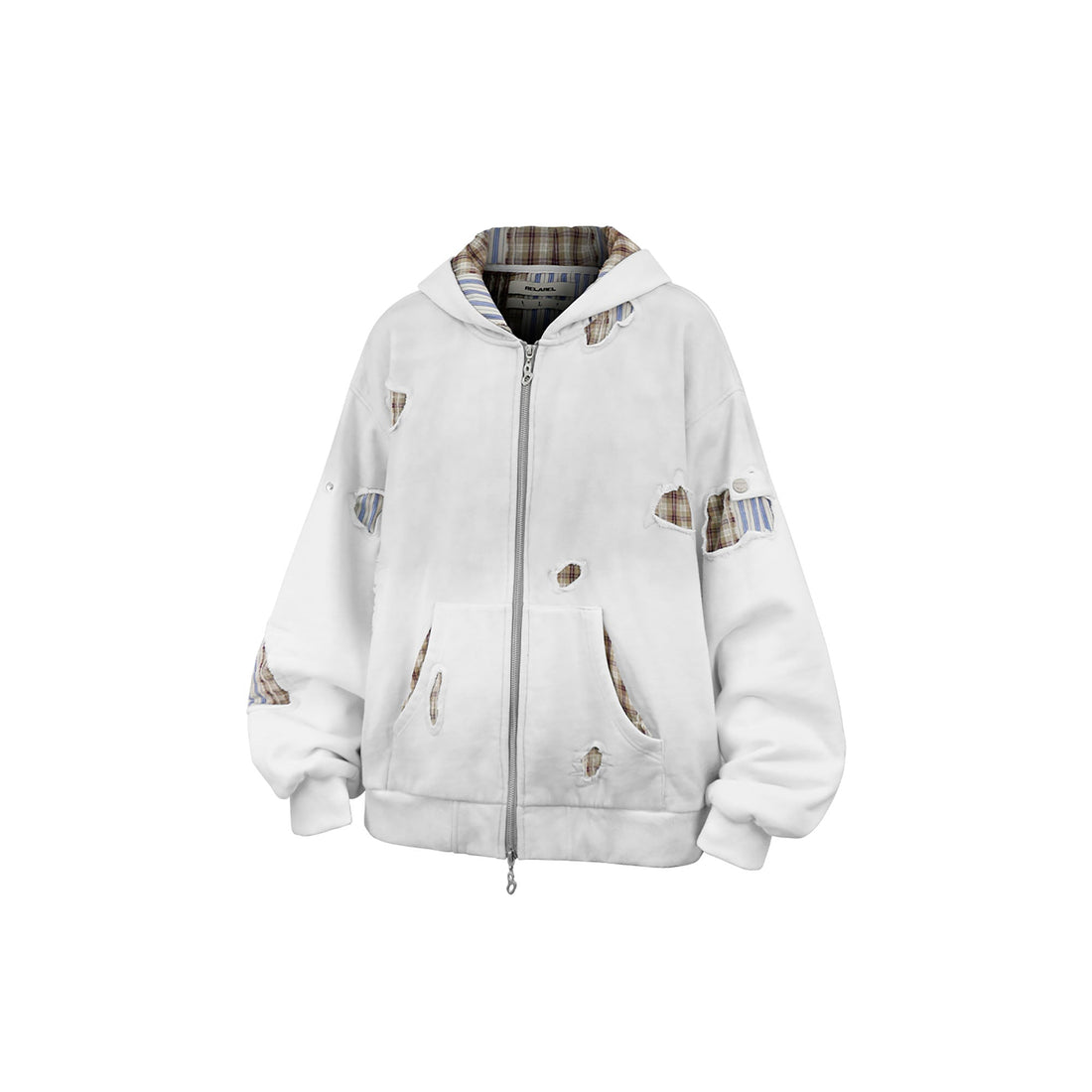 RELABEL Distressed Plaid Cut-Out Layered Hooded Jacket-Jacket-XS (Preorder)-Free Shipping Leatheretro