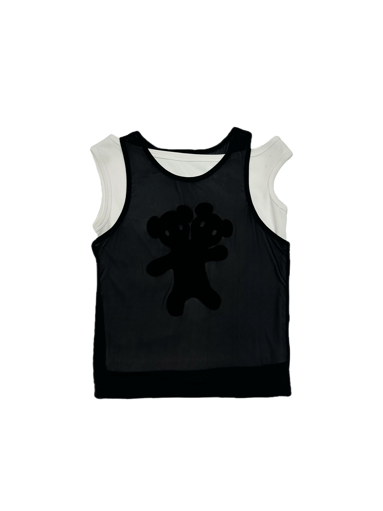 KADAKADA Flocked Bear Mesh One-Shoulder Ribbed Tank Set-Tank Top-S (Preorder)-Free Shipping Leatheretro