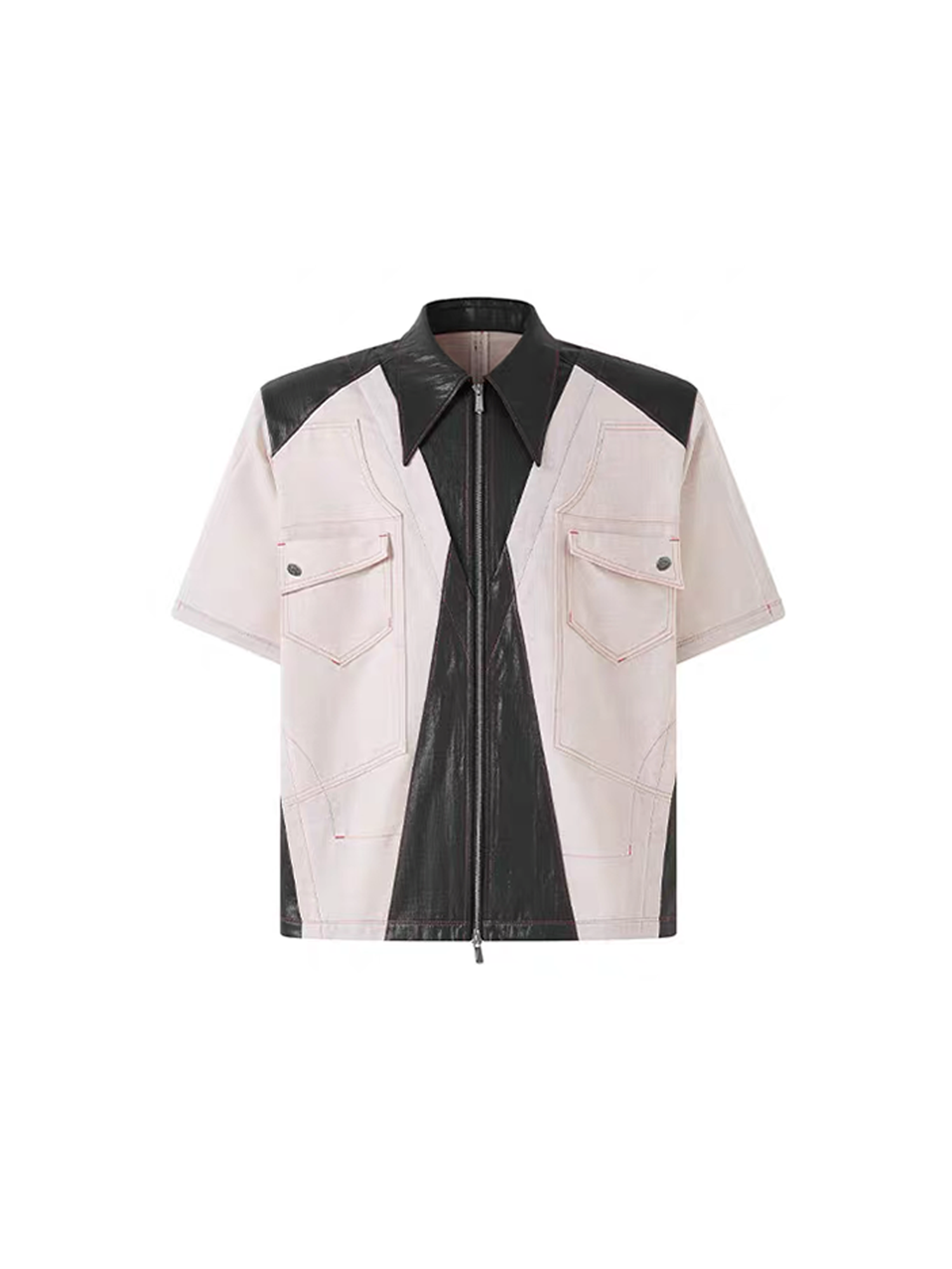 TIWILLTANG Contrast Stitch Paneled Zip-Up Half Shirt-Half shirt-S-Blue-Free Shipping Leatheretro