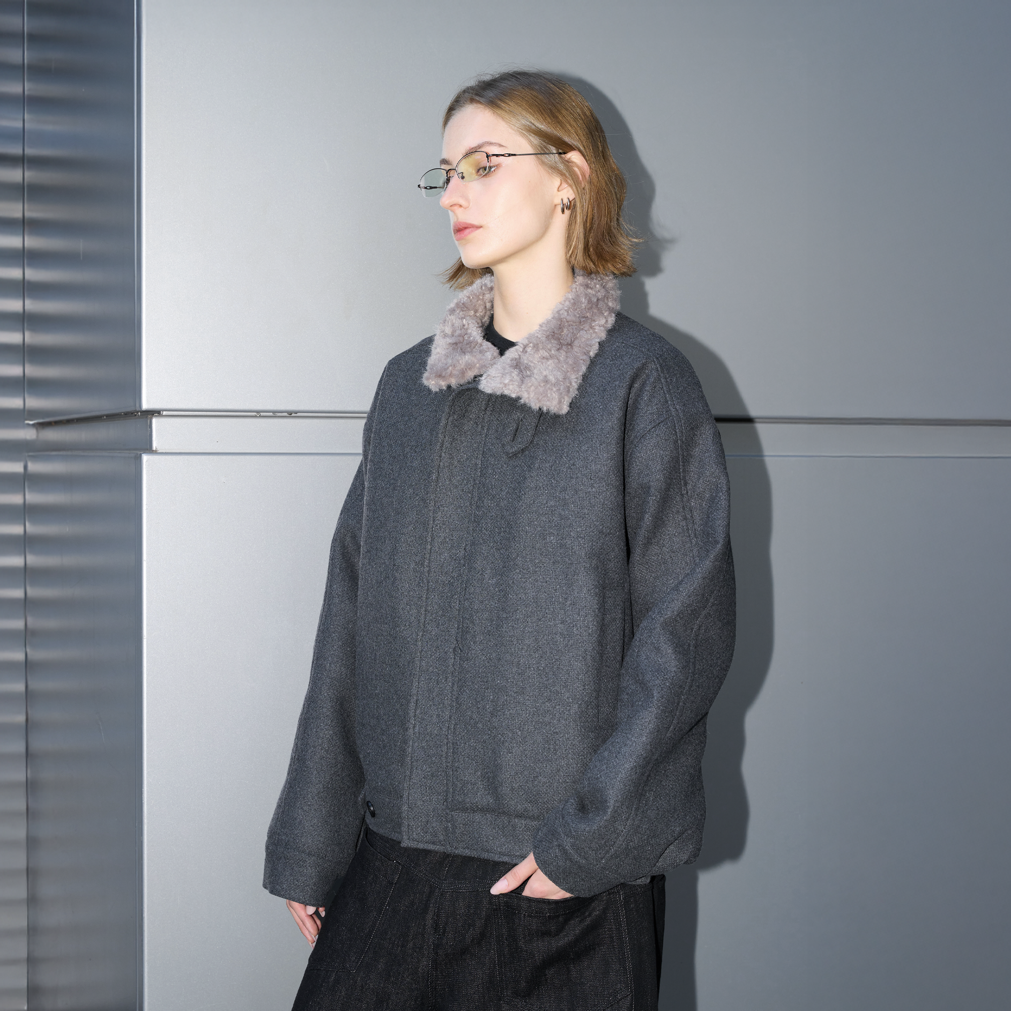 LABELROOM Modern Faux-Fur Collar Wool Jacket Gray