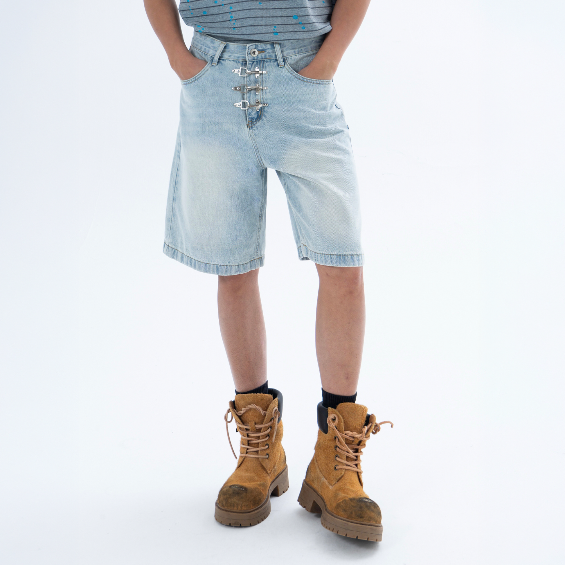 CLP Washed Metal Clasp Denim Shorts-Shorts-S / 28"-Free Shipping Leatheretro