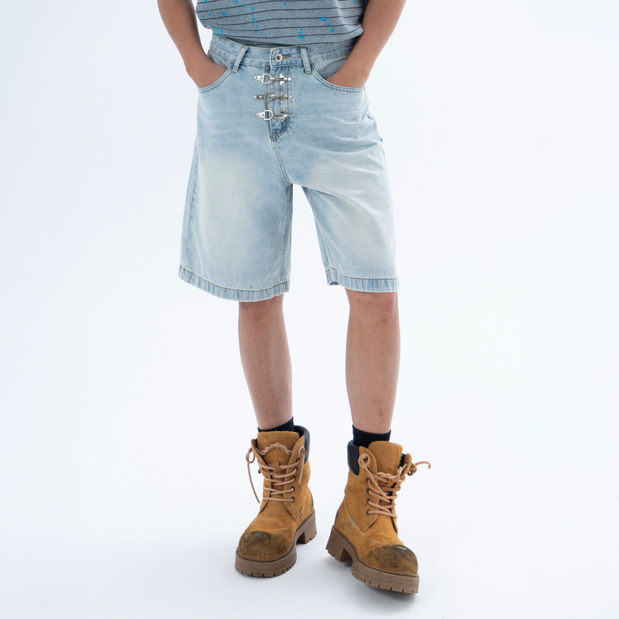 CLP Washed Metal Clasp Denim Shorts-Shorts-S / 28"-Free Shipping Leatheretro