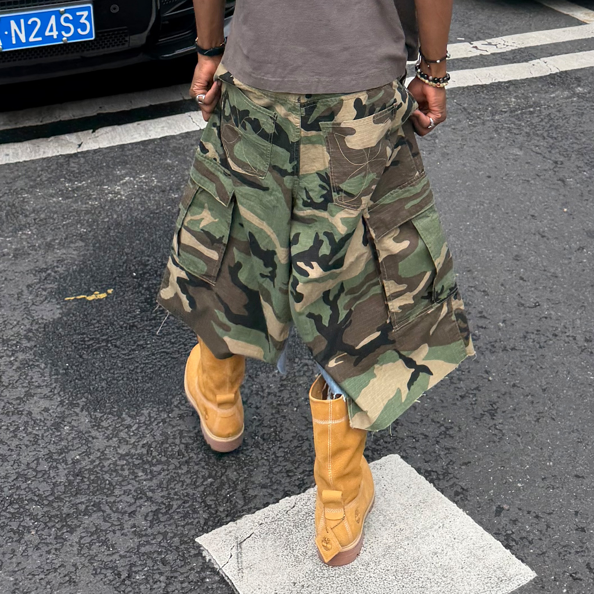 STEEPC Camo Distressed Denim Paneled Cargo Shorts-Shorts-S / 28"-Free Shipping Leatheretro