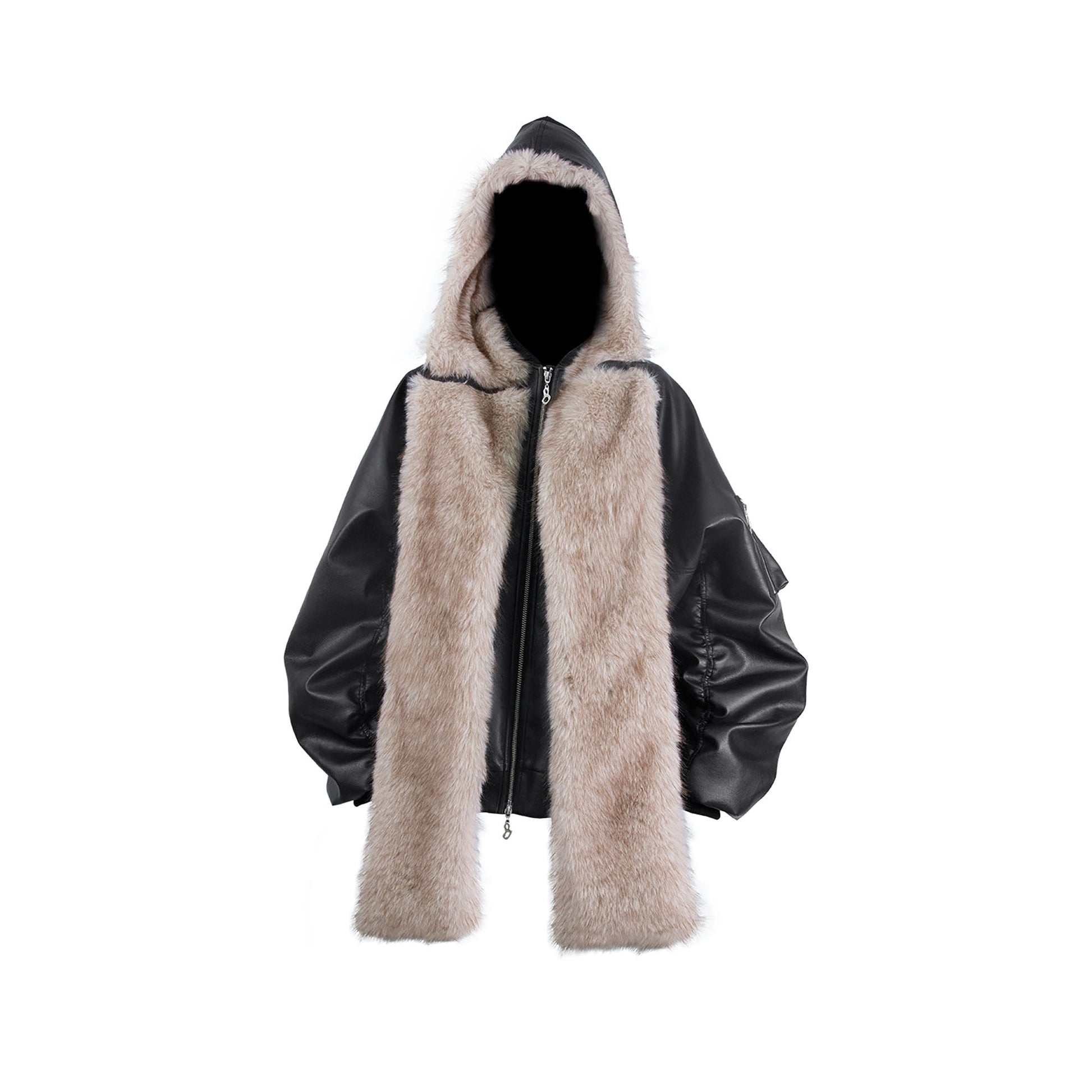 RELABEL Detachable Plush Scarf Ruched Hooded Jacket Black-Jacket-XS (Preorder)-Free Shipping Leatheretro