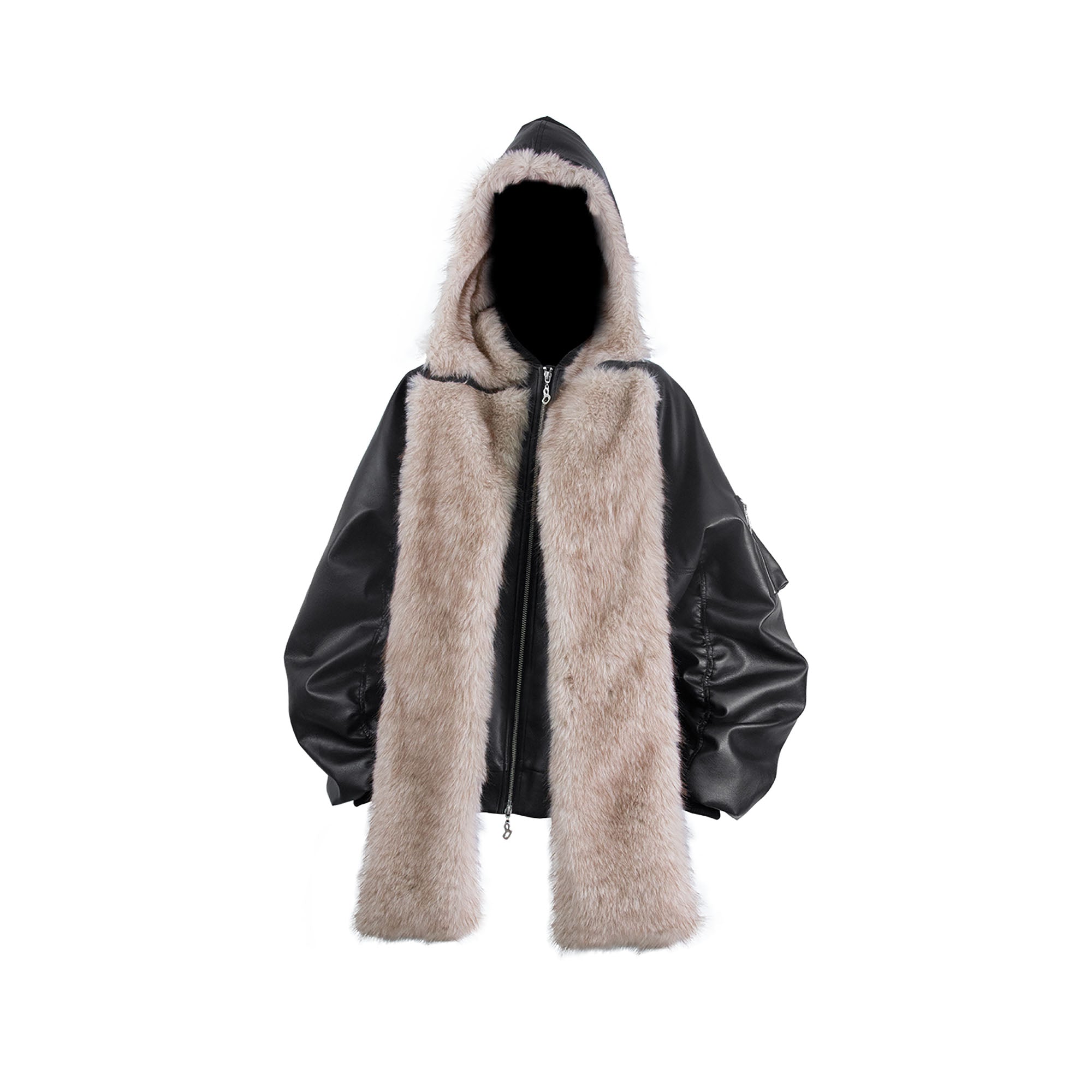 RELABEL Detachable Plush Scarf Ruched Hooded Jacket Black-Jacket-XS (Preorder)-Free Shipping Leatheretro