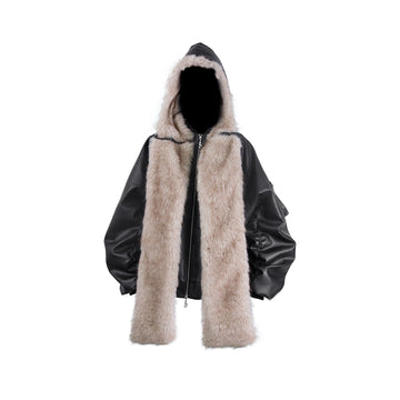 RELABEL Detachable Plush Scarf Ruched Hooded Jacket Black-Jacket-XS (Preorder)-Free Shipping Leatheretro