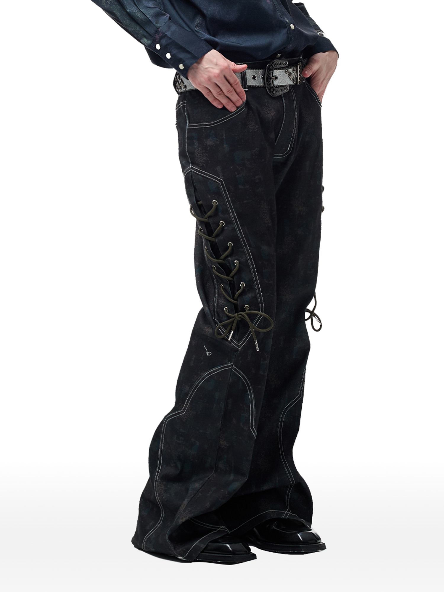 CYCYCY Wasteland Leopard Drawcord Flared Jeans-Jeans-XXS / 27"-Free Shipping Leatheretro