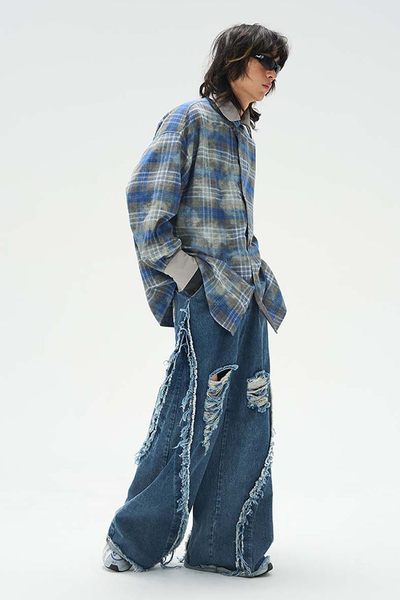 RELABEL Washed Plaid Tie-Dye Contrast-Collar Shirt-Shirt-S-Free Shipping Leatheretro