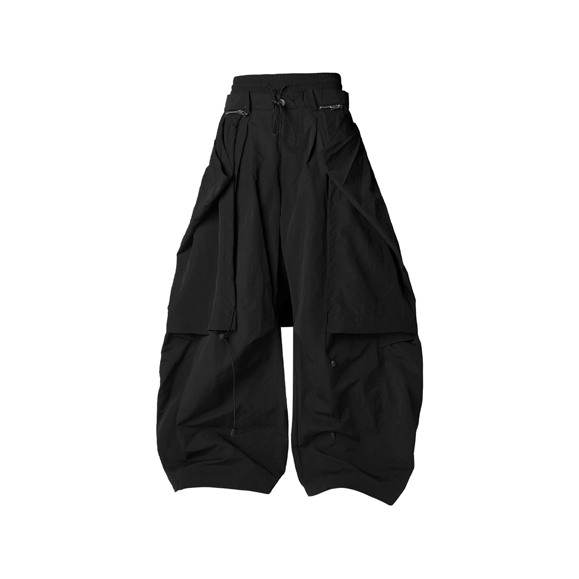 RELABEL Drawstring Layered Double-Waistband Parachute Pants Black-Pants-XS-Free Shipping Leatheretro