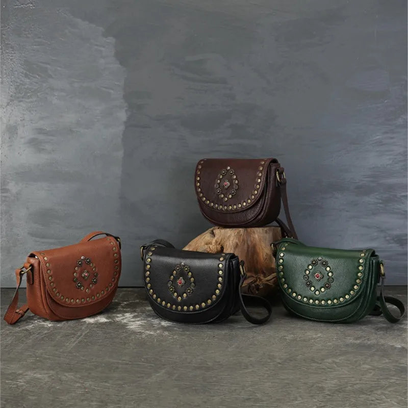 Genuine Leather Women's Saddle Bag - Retro Handmade Rivet Crossbody Bags-Handbags-Black-Free Shipping Leatheretro