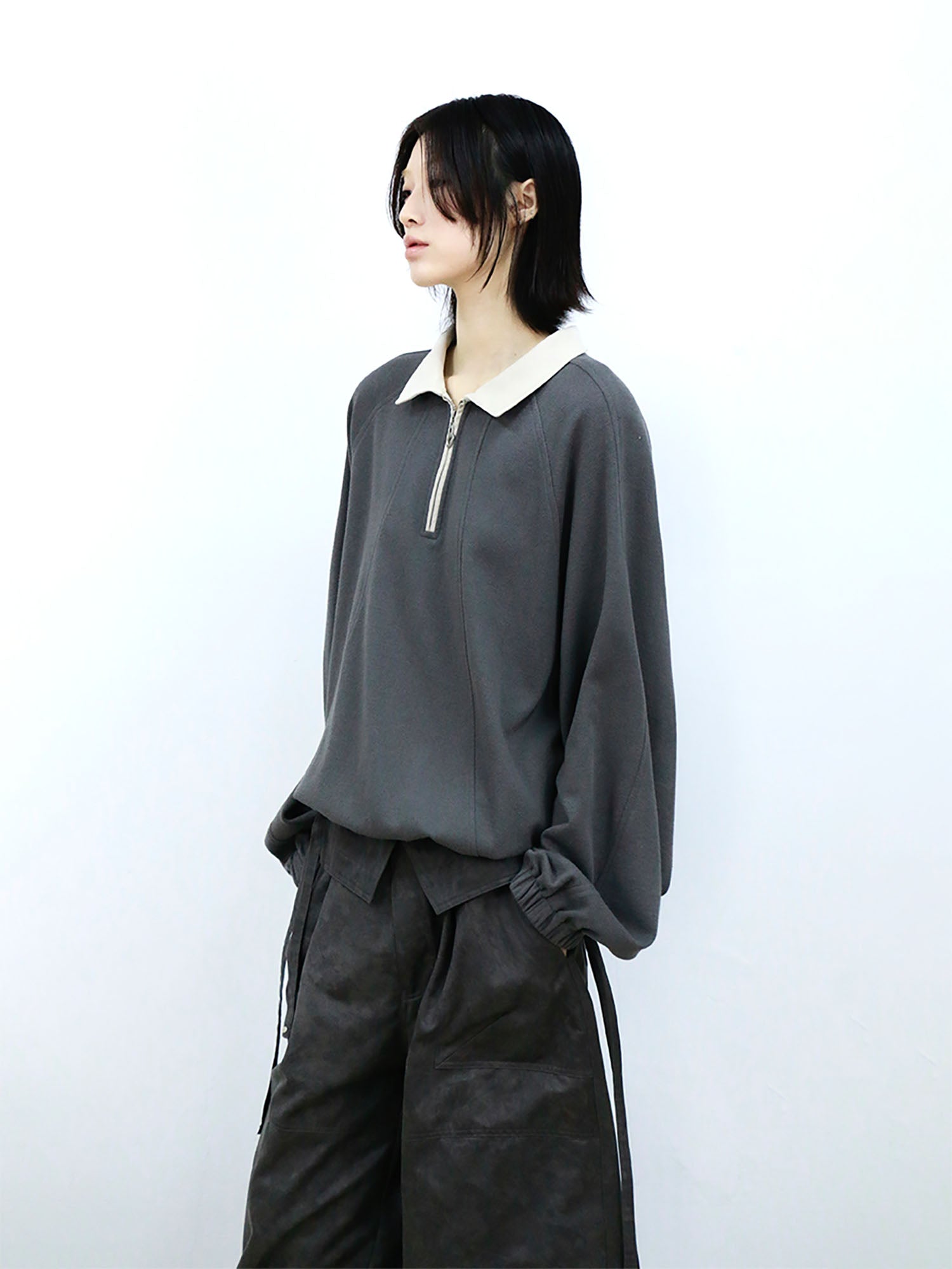 RELABEL Raglan Drawstring-Hem Polo Sweatshirt-Jacket-XS-Light Gray-Free Shipping Leatheretro