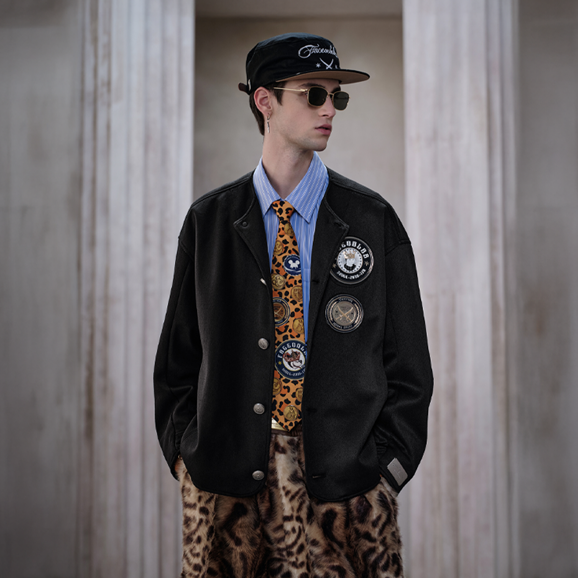 FACEONLAB Badge-Patch Crew-Neck Oversized Jacket-Jacket-M-Black-Free Shipping Leatheretro