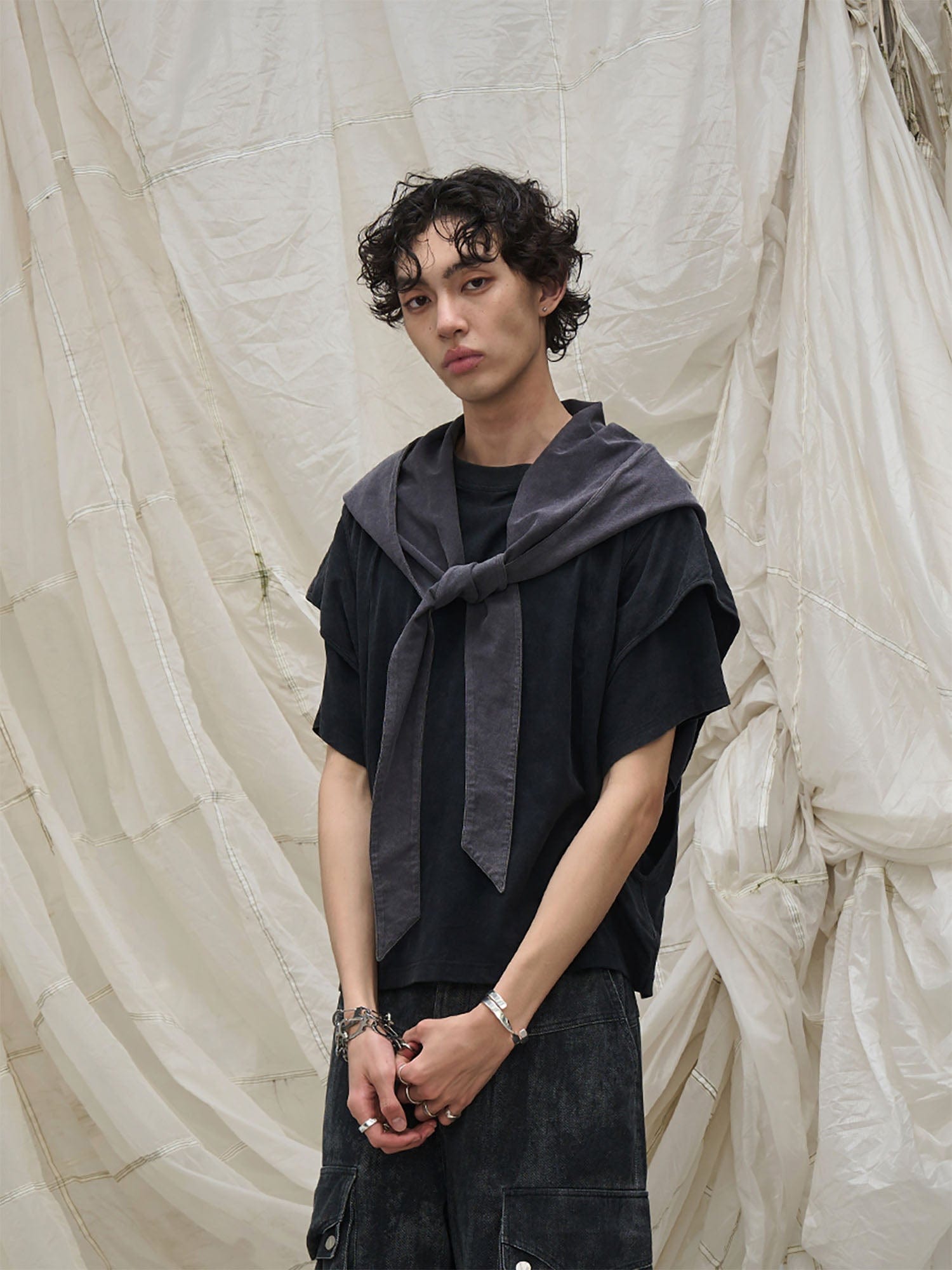 RELABEL Detachable Hood Layered Sleeve T-Shirt-T Shirt-XS-Dark Gray-Free Shipping Leatheretro