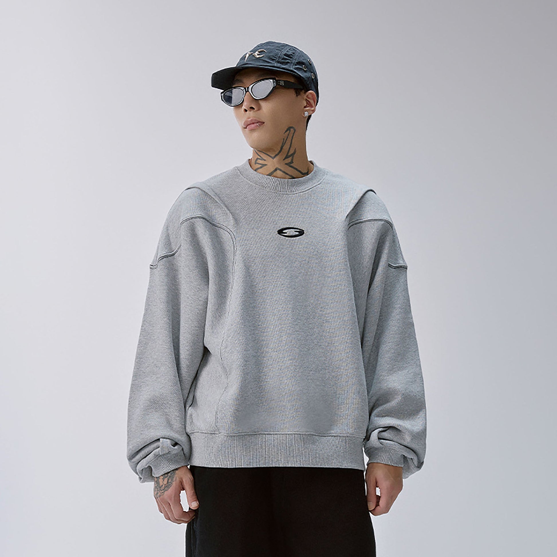 F2CE Pleated Panel Logo Embroidery Sweatshirt-Sweatshirt-S-Free Shipping Leatheretro