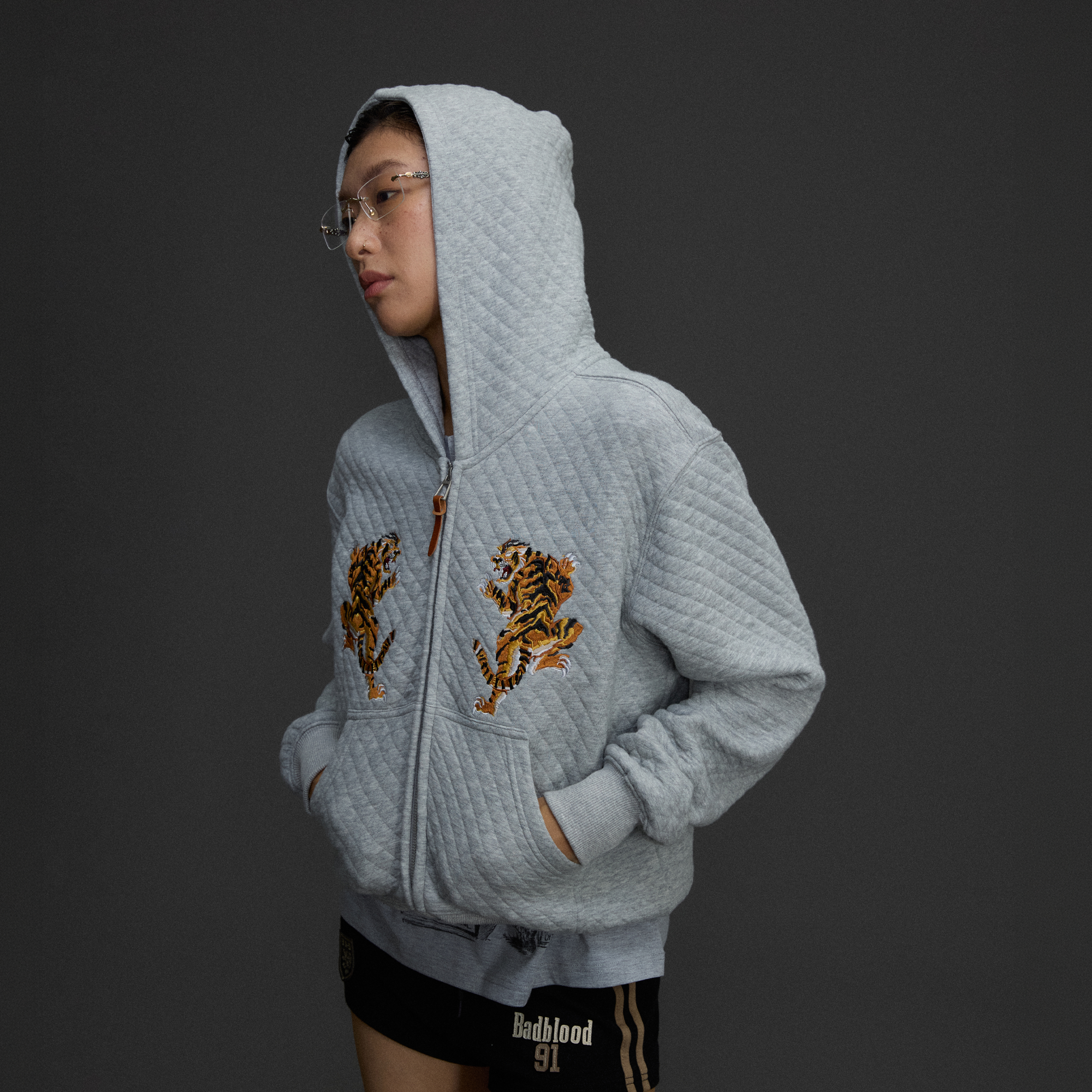 NIANJIUYIKOUER Tiger Embroidered Quilted Zip-Up Hoodie-Jacket-XXS-Gray-Free Shipping Leatheretro