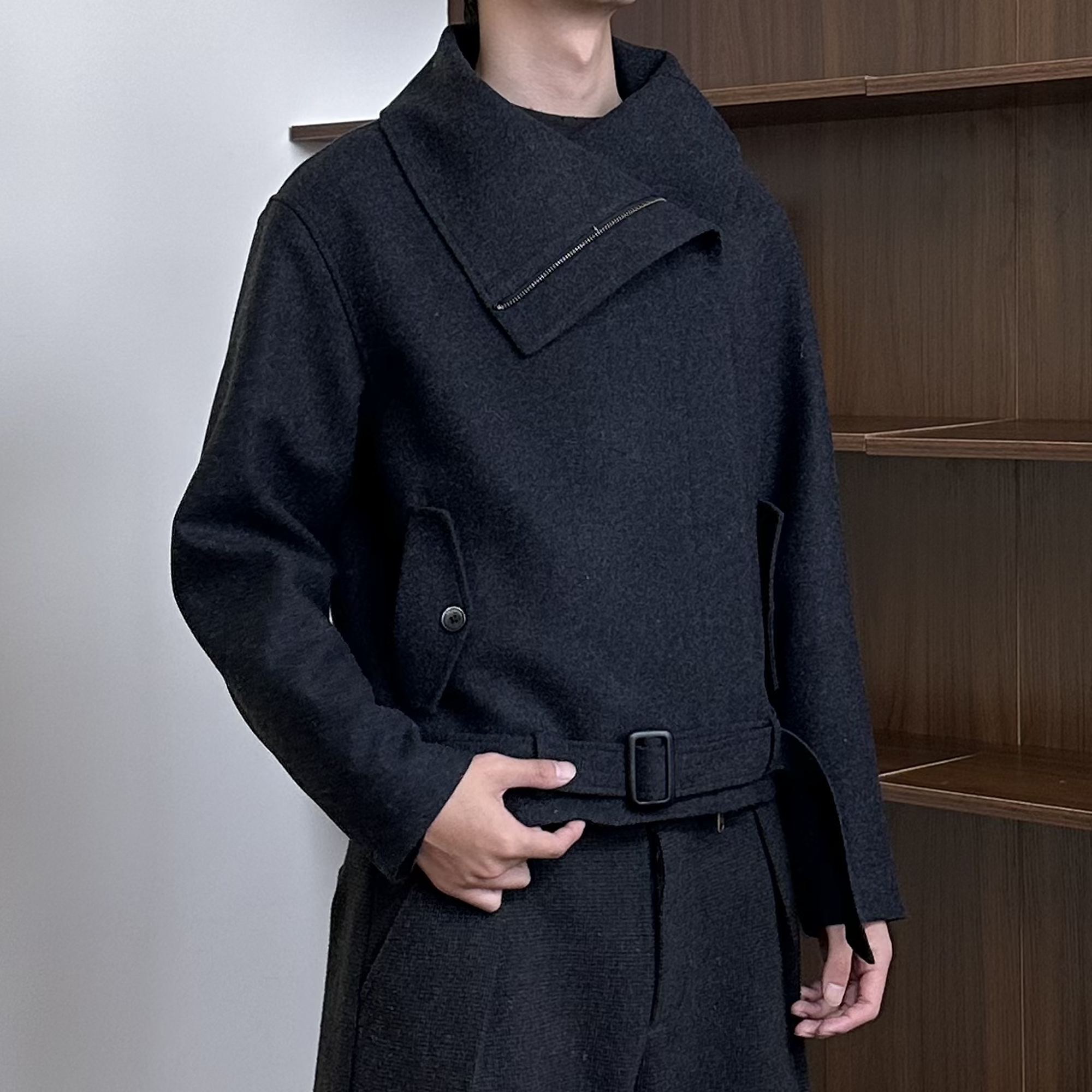 KREATE Asymmetrical Funnel-Neck Wool-Blend Jacket-Jacket-S (Preorder)-Black-Free Shipping Leatheretro