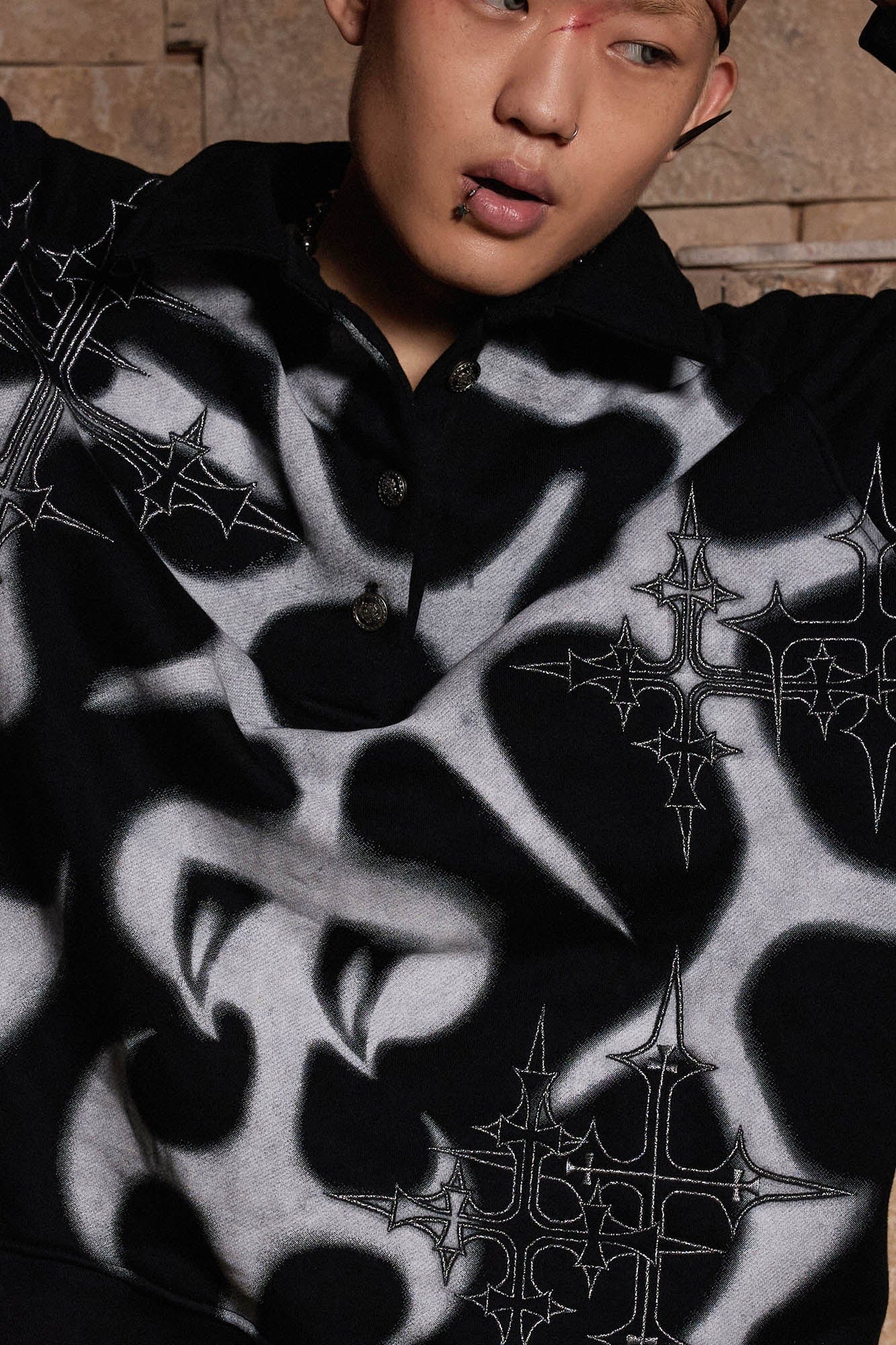 DND4DES Cross Spray-Paint Embroidered Polo Sweatshirt-Sweatshirt-S-Free Shipping Leatheretro