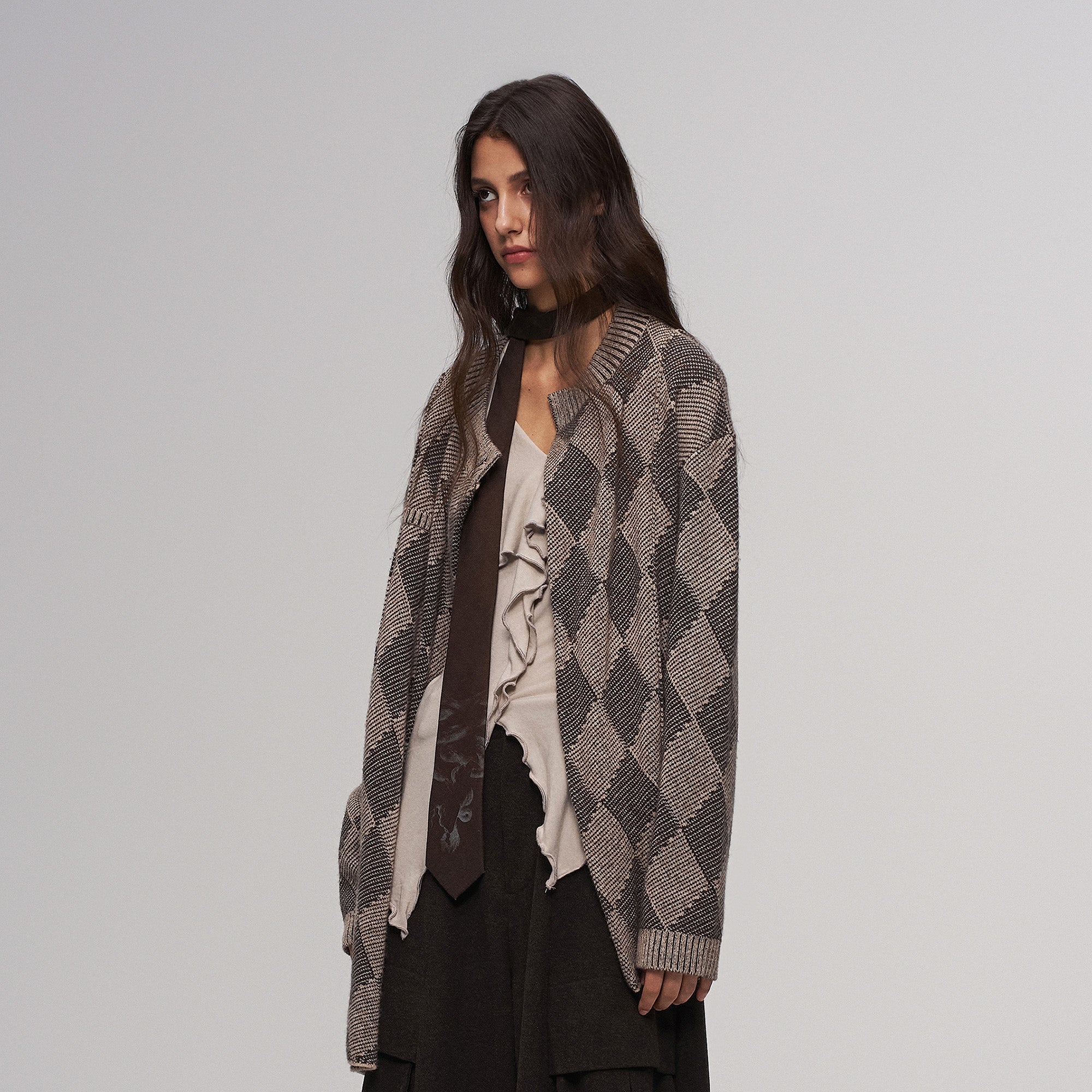 ILNya Nieternite Nifutur Wool-Blend Argyle Jacquard Cardigan Brown-Jacket-S (0)(Preorder)-Free Shipping Leatheretro