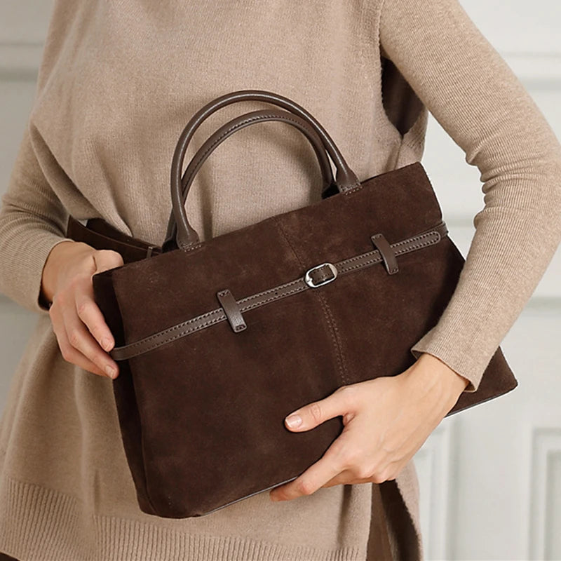 Suede Cowhide Genuine Leather Tote Handbags - Women Luxury Crossbody Bag-Handbags-Black-Free Shipping Leatheretro