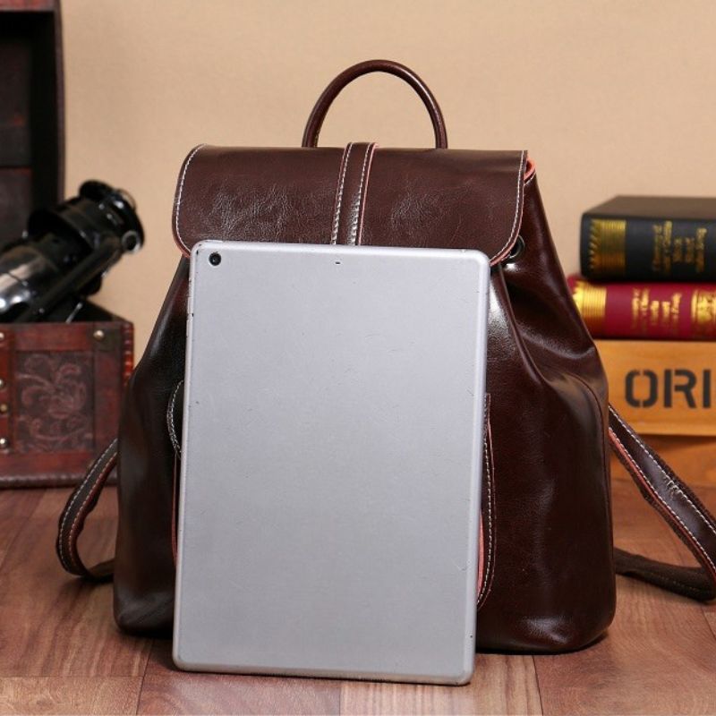 Genuine Waxed Leather Drawstring Backpack for Women-Backpacks-Brown-Free Shipping Leatheretro