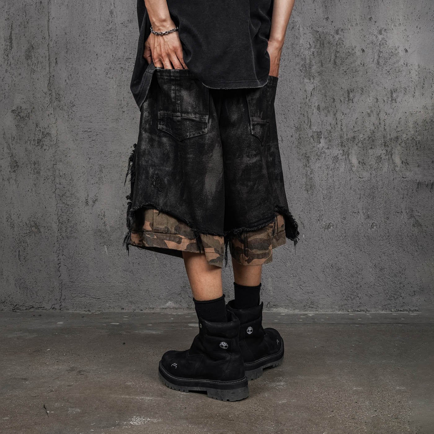 UNDERWATER Double-Layered Ripped Camo Shorts Black-Shorts-S-Free Shipping Leatheretro