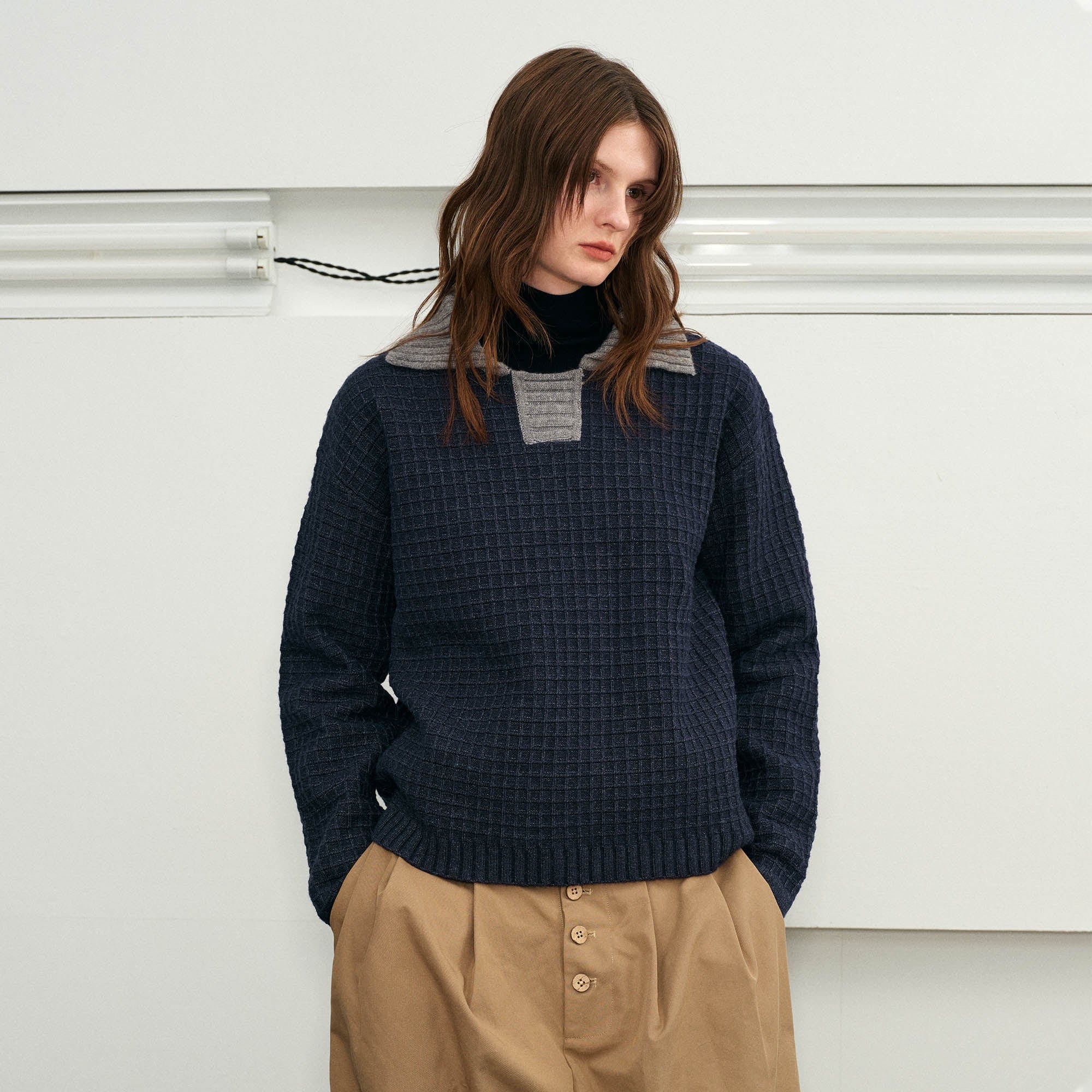 KREATE Waffle Knit Polo Sweater-Sweater-S-Khaki-Free Shipping Leatheretro