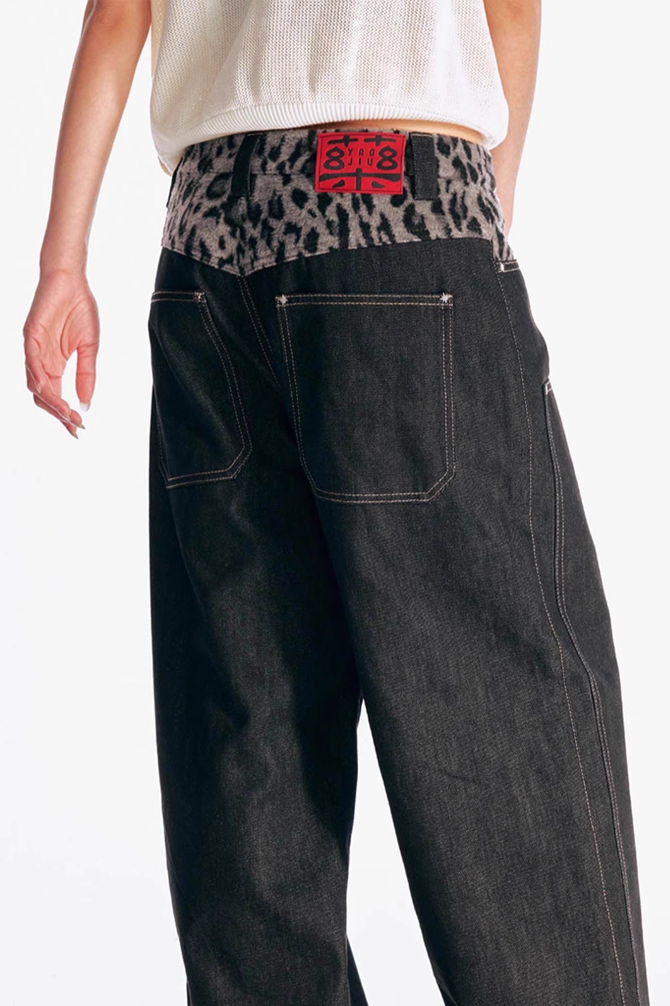 1997 POSTOFFICE Leopard Waist Double-Knee Wide-Leg Pants-Pants-S-Free Shipping Leatheretro