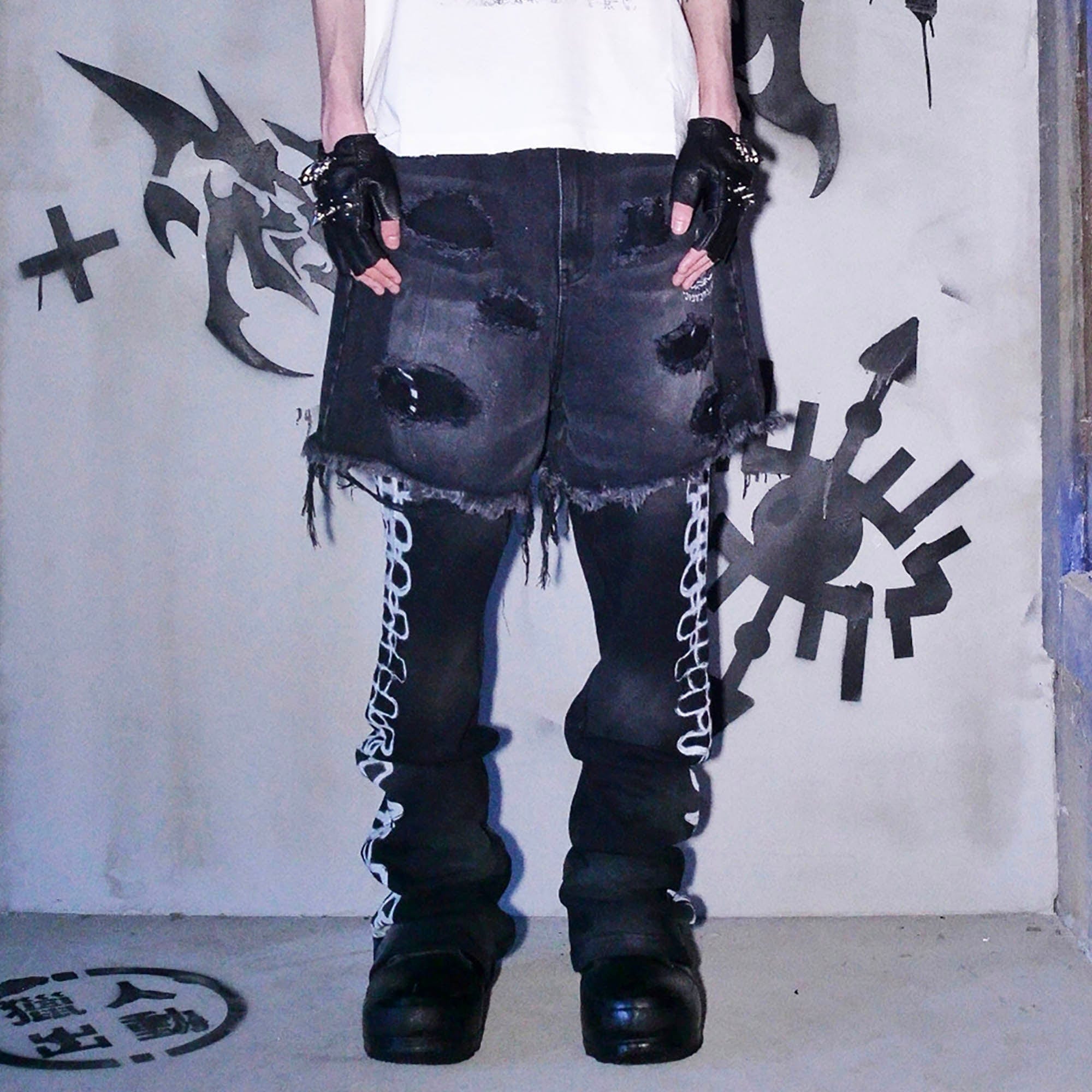 PHANTOMHUNTER Layered Ripped Spray-Painted Flared Jeans-Pants-S-Free Shipping Leatheretro