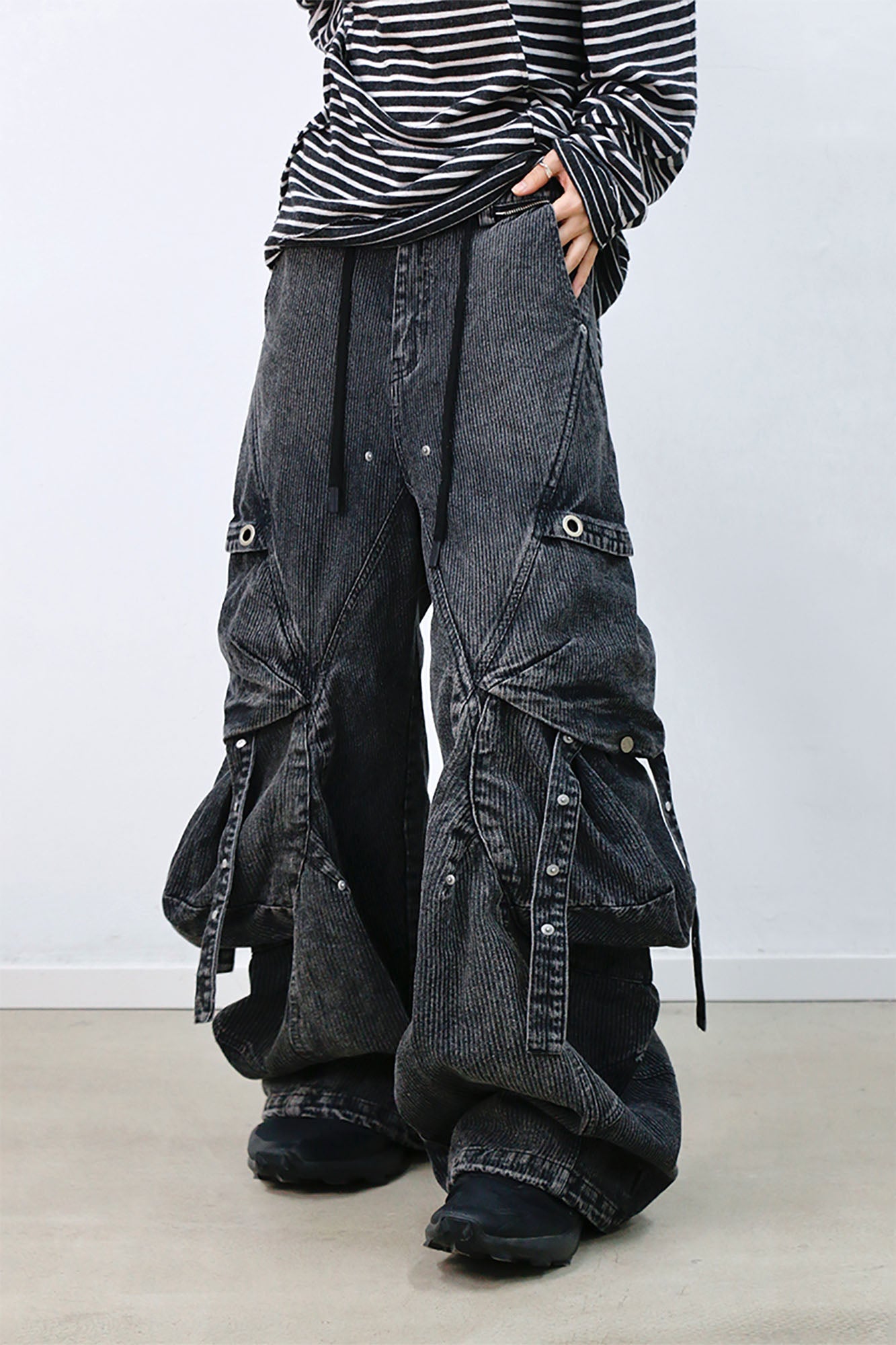 RELABEL Washed Paneled Strap Oversized Cargo Jeans Black-Jeans-XS-Free Shipping Leatheretro