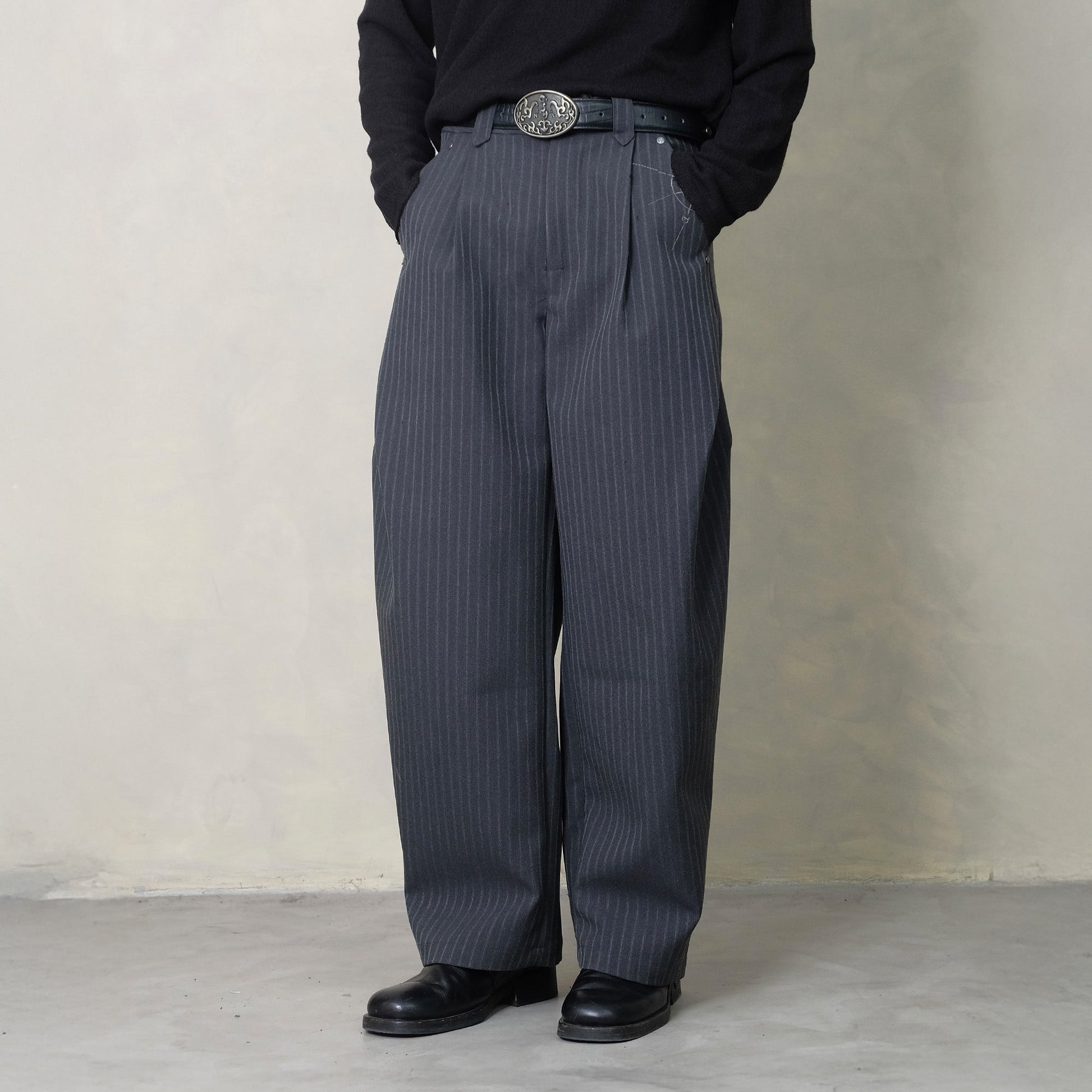 IN EXISTENCE Stripe Pleated Embroidery Curved Pants-Pants-S-Black-Free Shipping Leatheretro