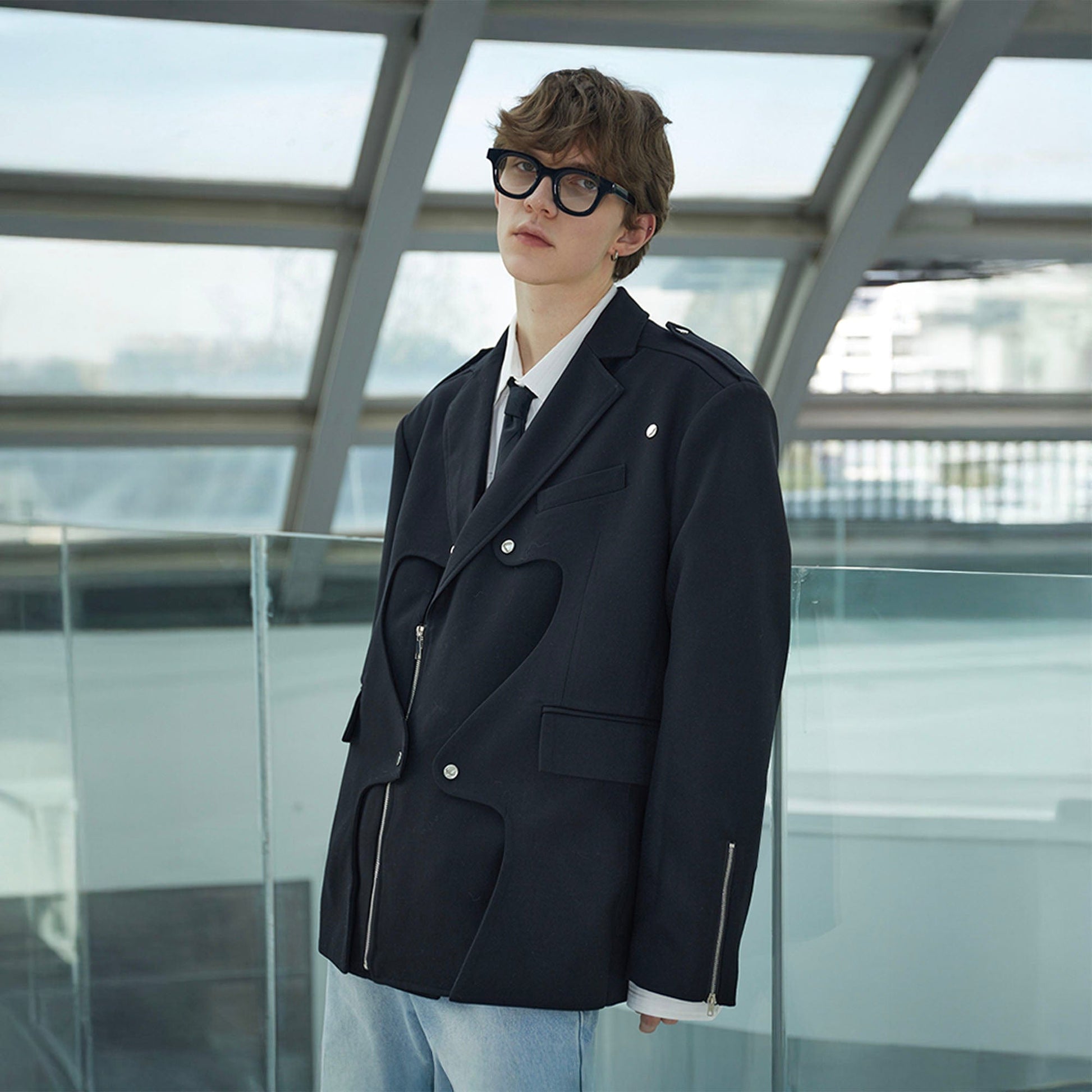 ASSEEN Deconstructed Ripple-Panel Zip Blazer-Jacket-S-Free Shipping Leatheretro