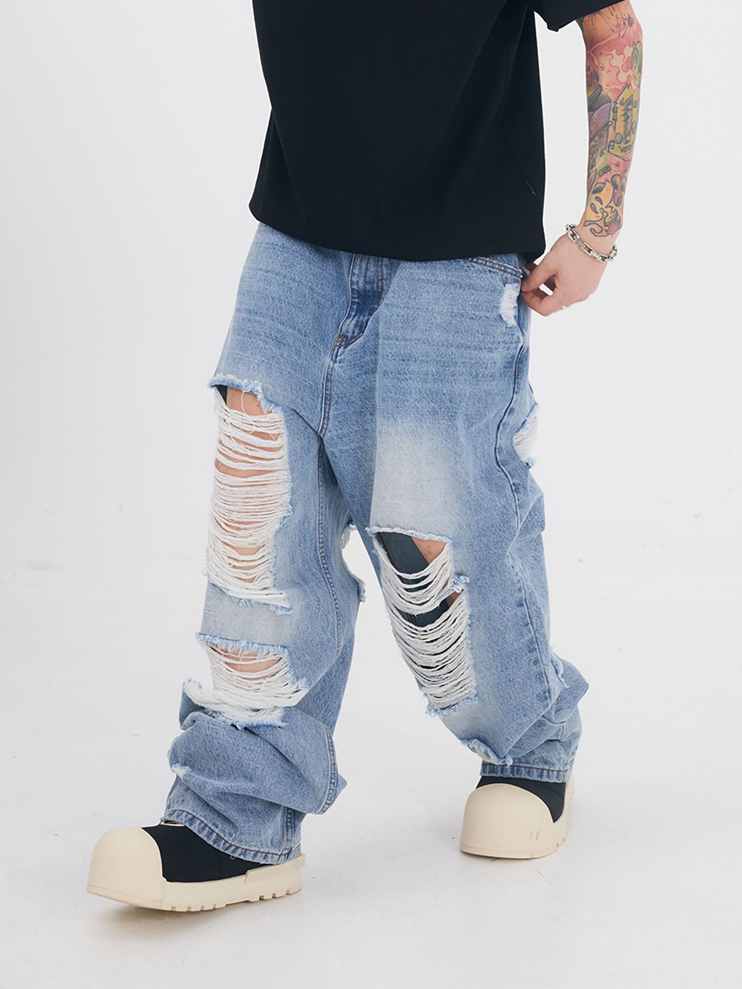 BLACK8MOB Heavy Ripped Washed Baggy Jeans-Jeans-S-Black-Free Shipping Leatheretro