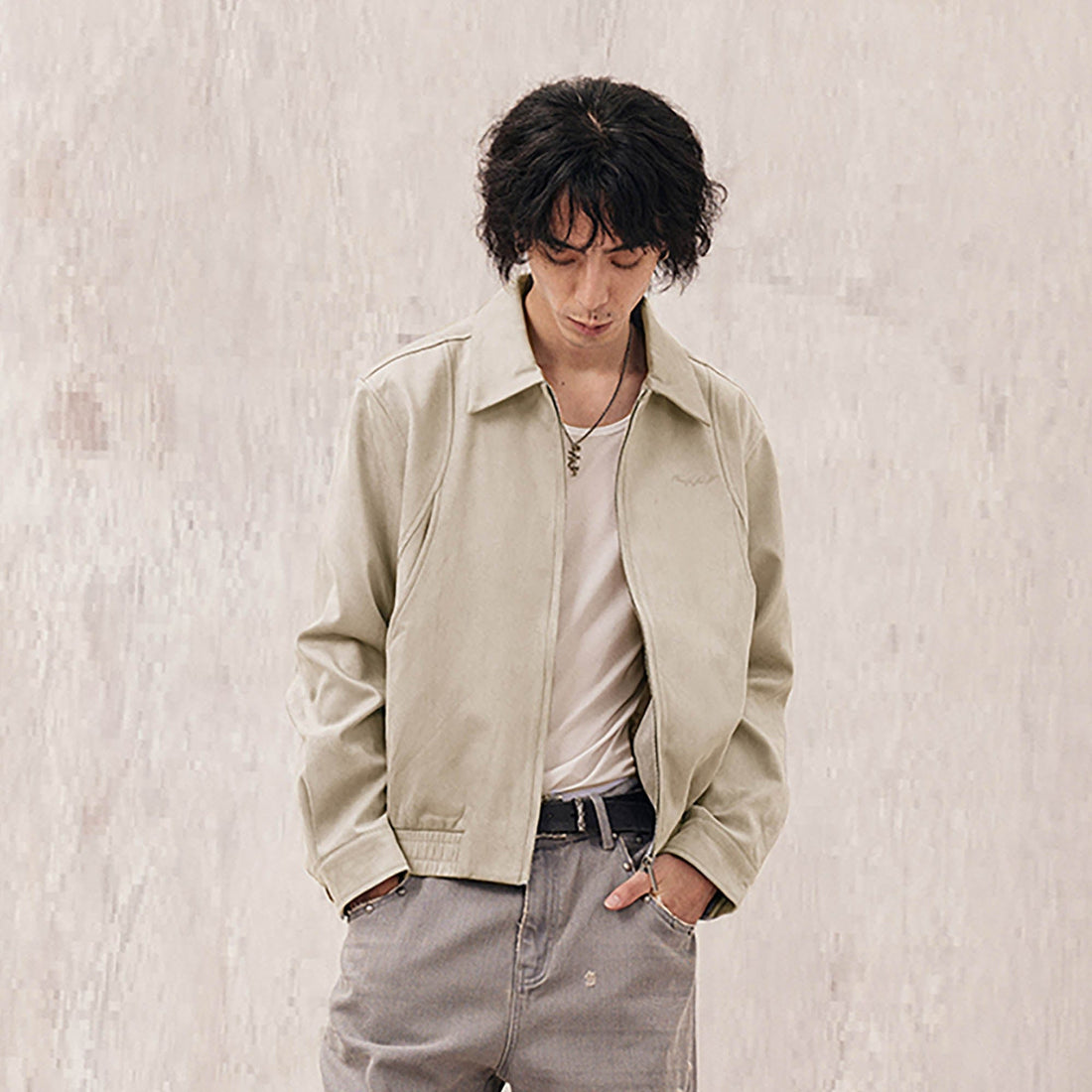 IN EXISTENCE Curved Spliced Smooth Harrington Jacket-Jacket-S-Blue-Free Shipping Leatheretro