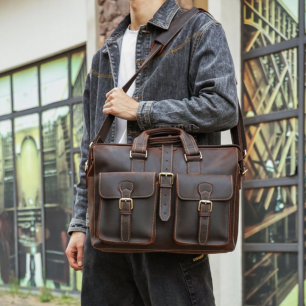 Genuine Leather Business Handbag - Large Storage First Layer Cowhide Bag-Briefcase-Brown-Free Shipping Leatheretro