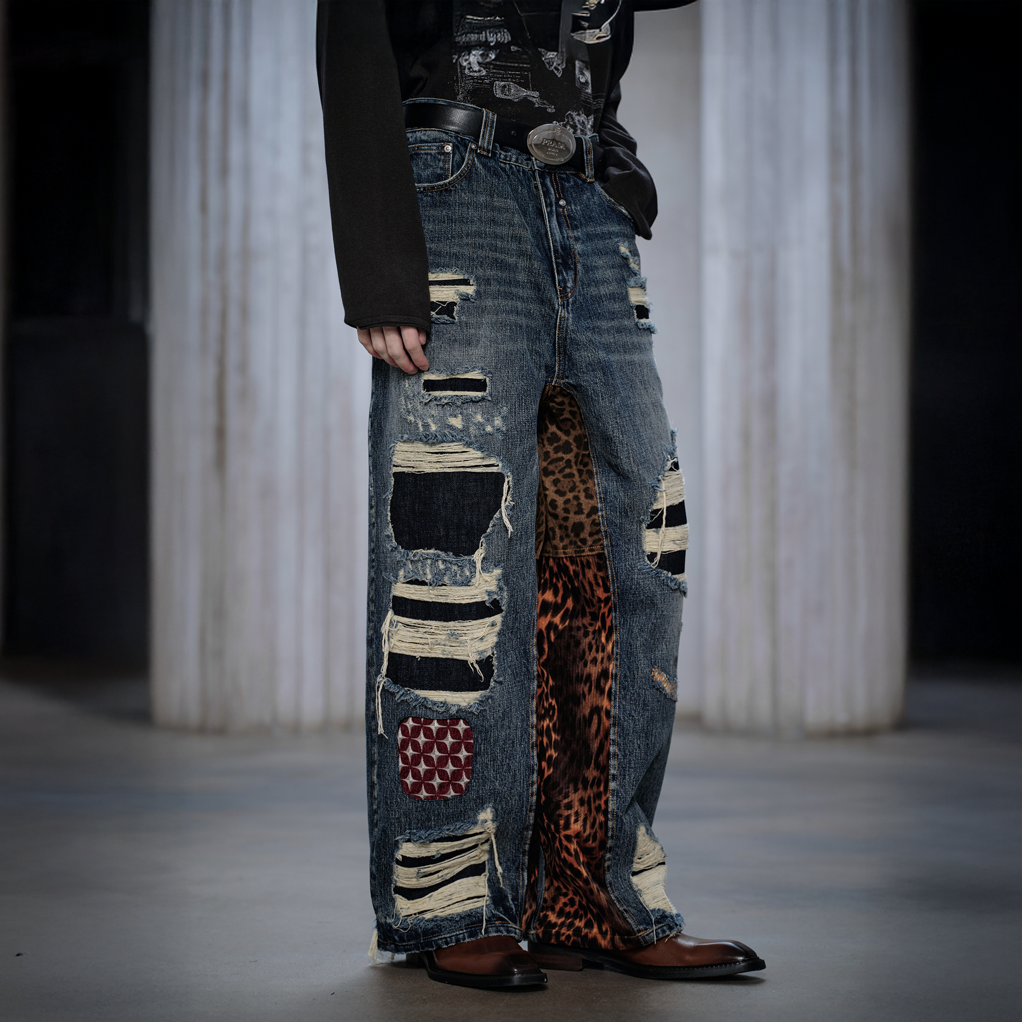 FACEONLAB Distressed Patch Leopard Paneled Jeans-Jeans-M-Free Shipping Leatheretro