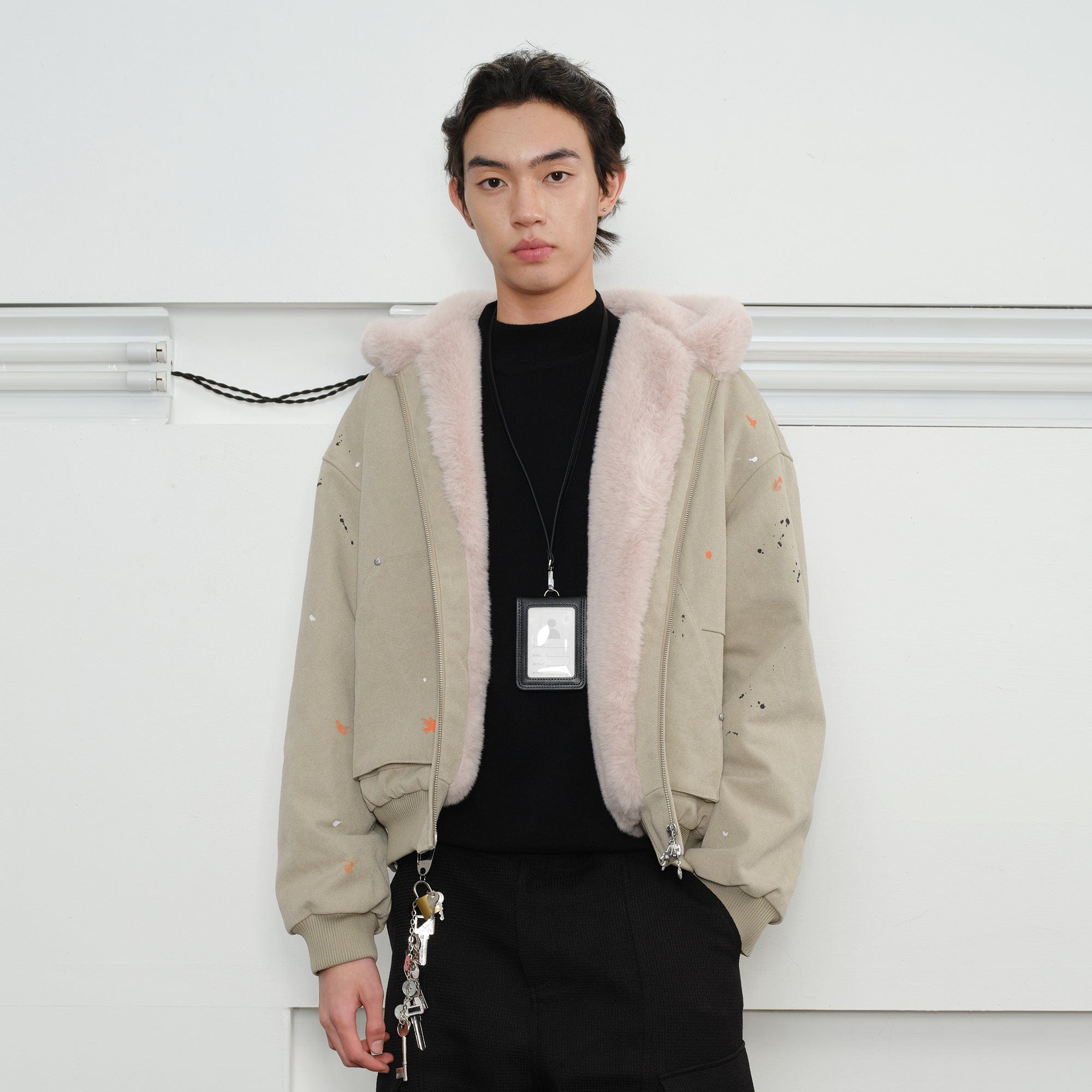 KREATE Rivet Zipper Paint-splattered Fleece-Lined Hooded Jacket-Jacket-S-Gray-Free Shipping Leatheretro