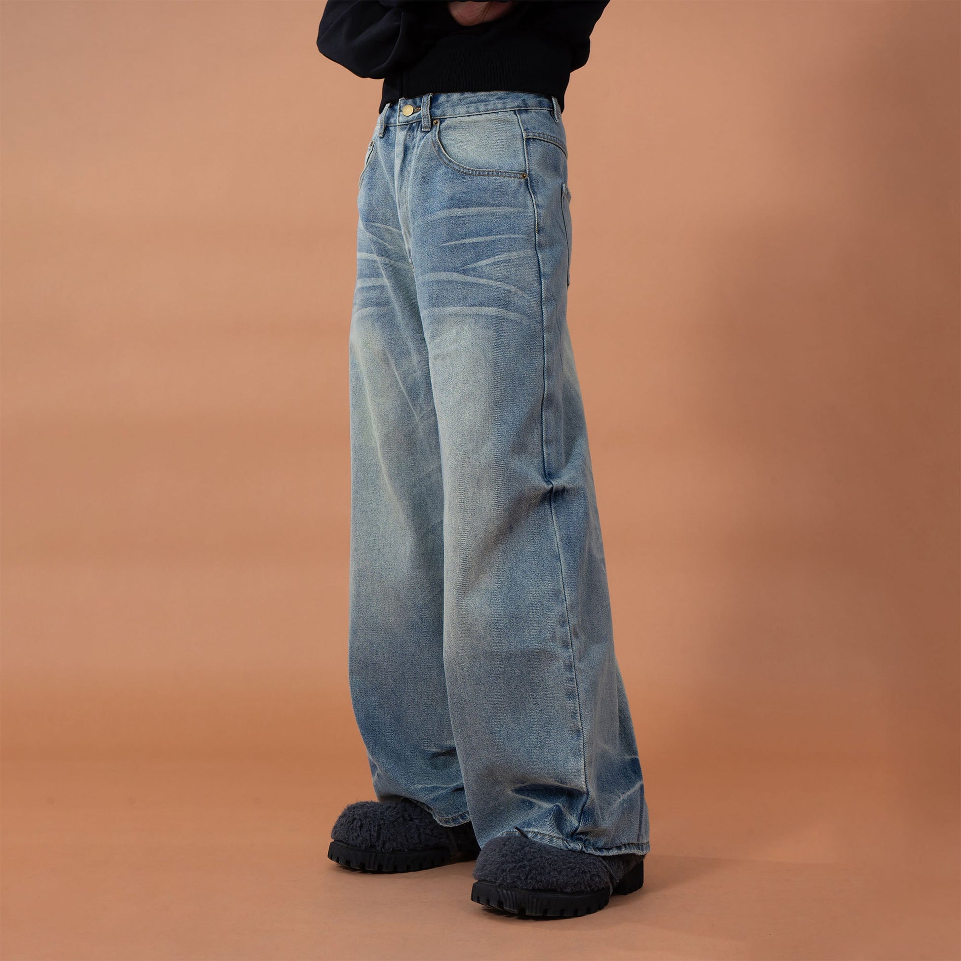 CLP Whiskering Washed Oversized Curved-Leg Jeans-Jeans-M-Free Shipping Leatheretro