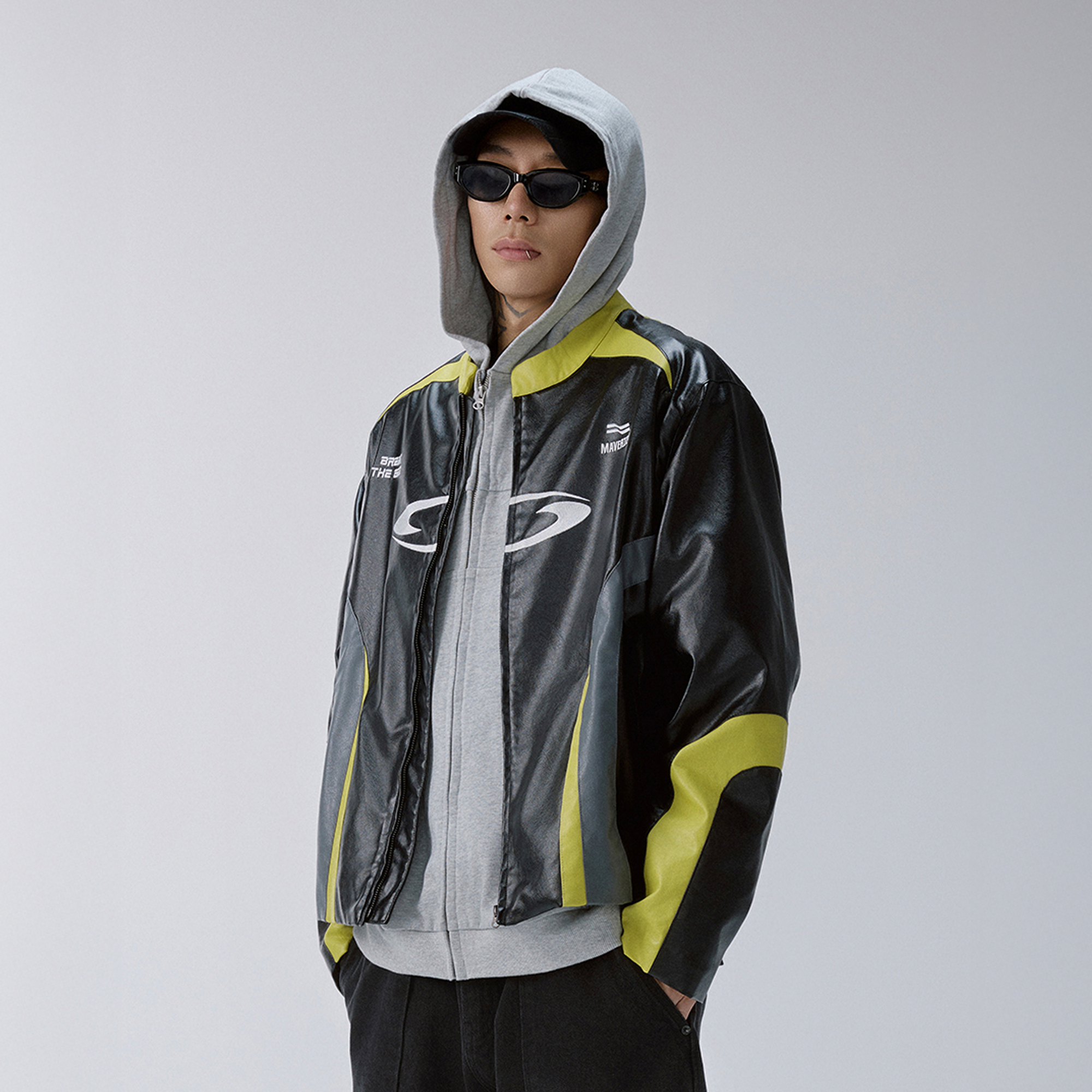 F2CE Contrast Panel Embroidered Moto Jacket-Jacket-S-Free Shipping Leatheretro