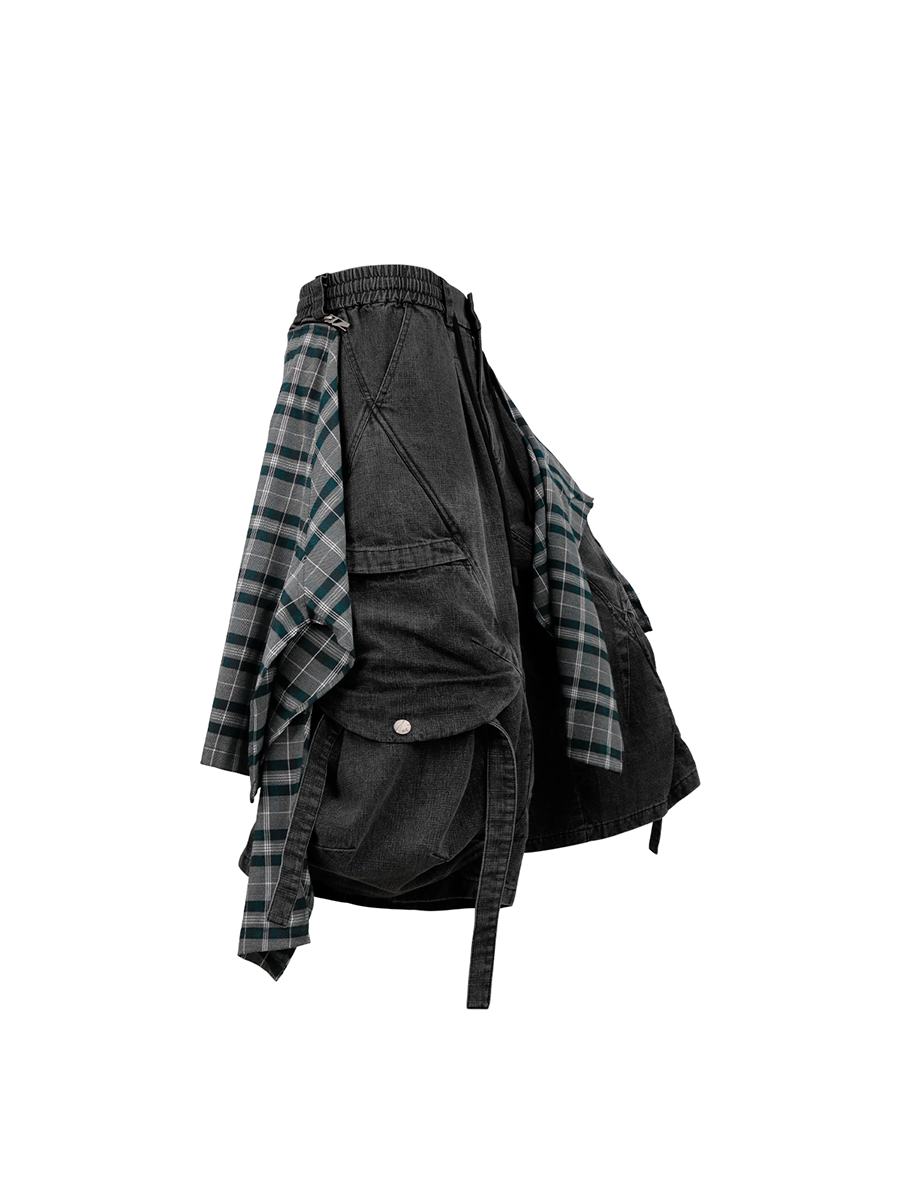 RELABEL Detachable Plaid Drape Oversized Denim Shorts-Shorts-XS-Free Shipping Leatheretro