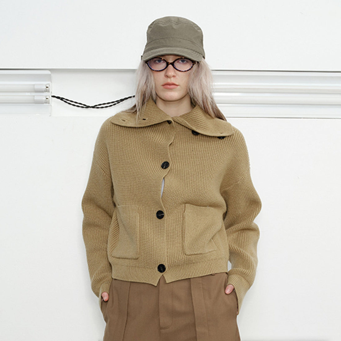 KREATE High-Collar Big-Pocket Button-Up Knitted Jacket-Jacket-S-Green-Free Shipping Leatheretro