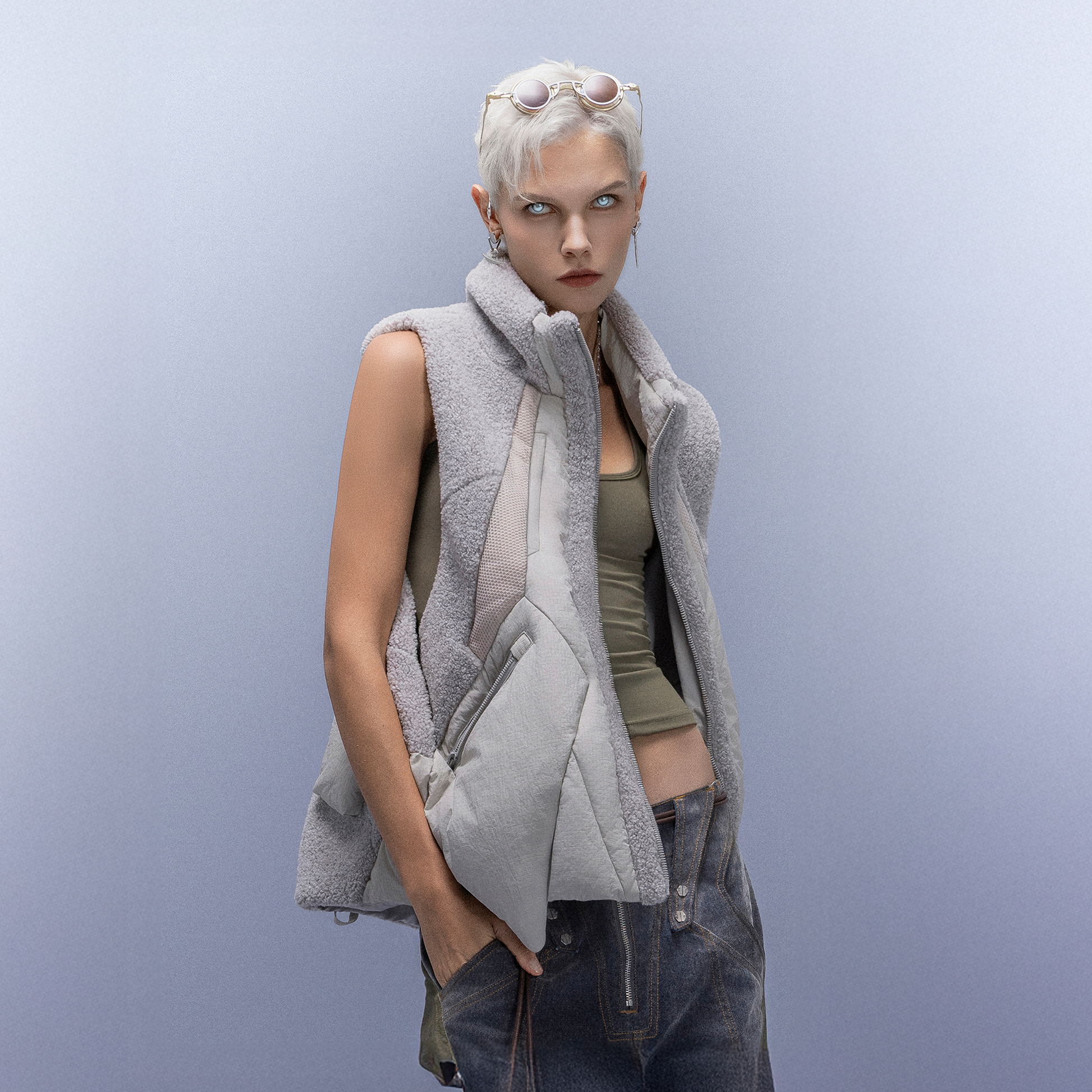 XIPHEVIL High-Neck Fleece-Panel Vest Dark Gray-Vest-XS-Free Shipping Leatheretro