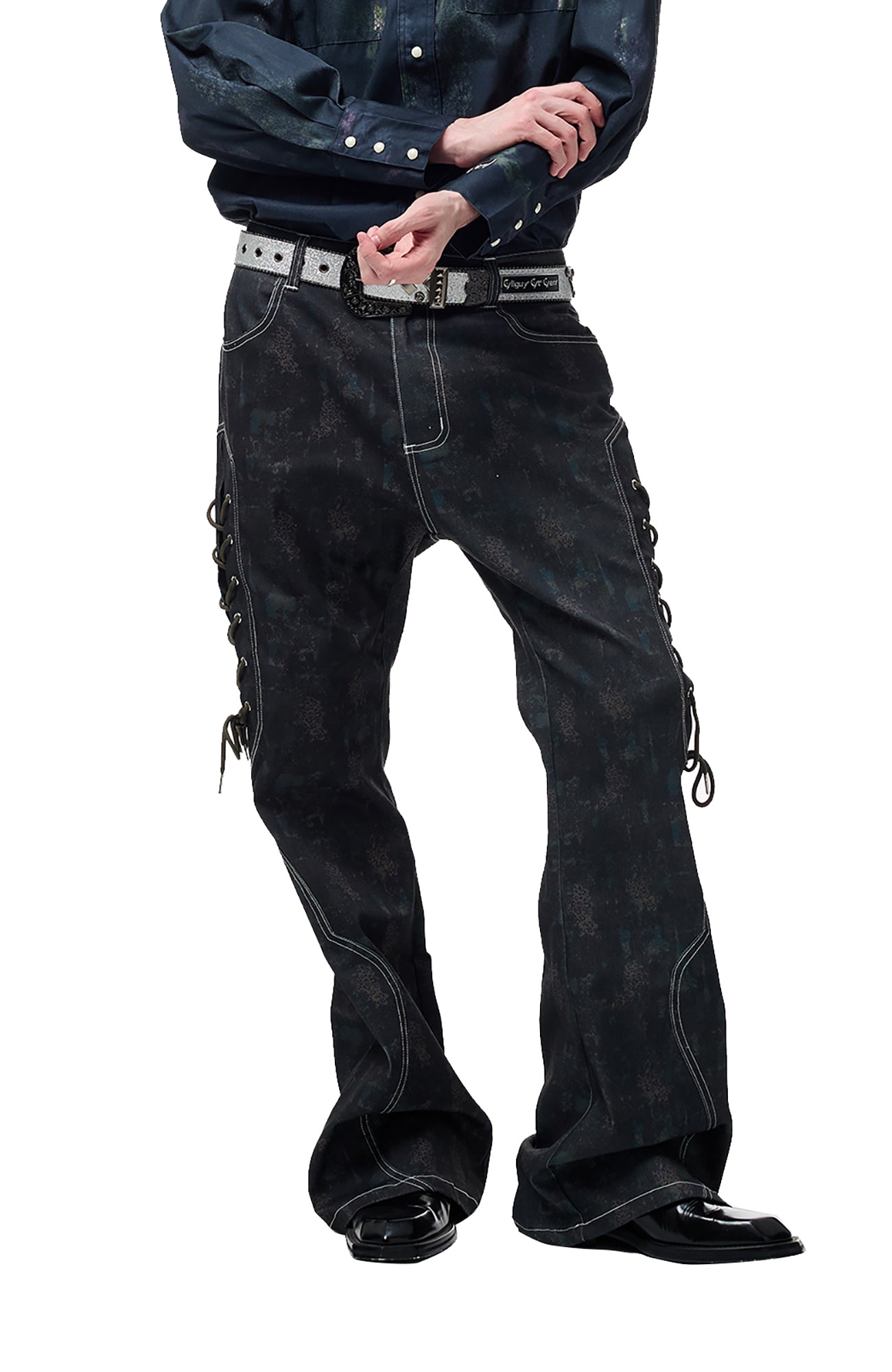 CYCYCY Bar Studded Filigree Leather Belt Gray-Accessories-One Size-Free Shipping Leatheretro