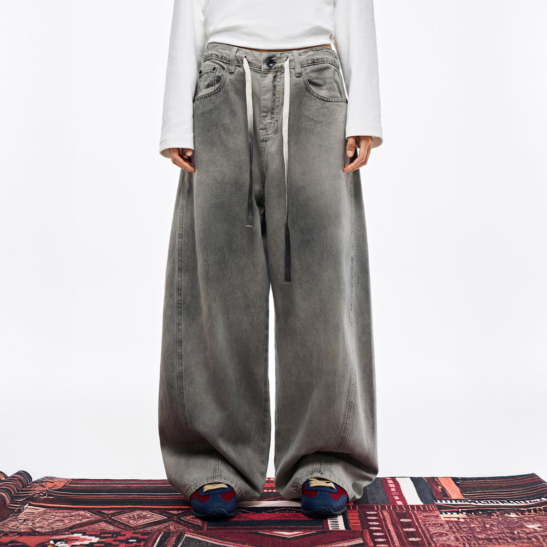 OVERLAPS Washed Drawstring Wide-Leg Jeans-Jeans-S-Free Shipping Leatheretro