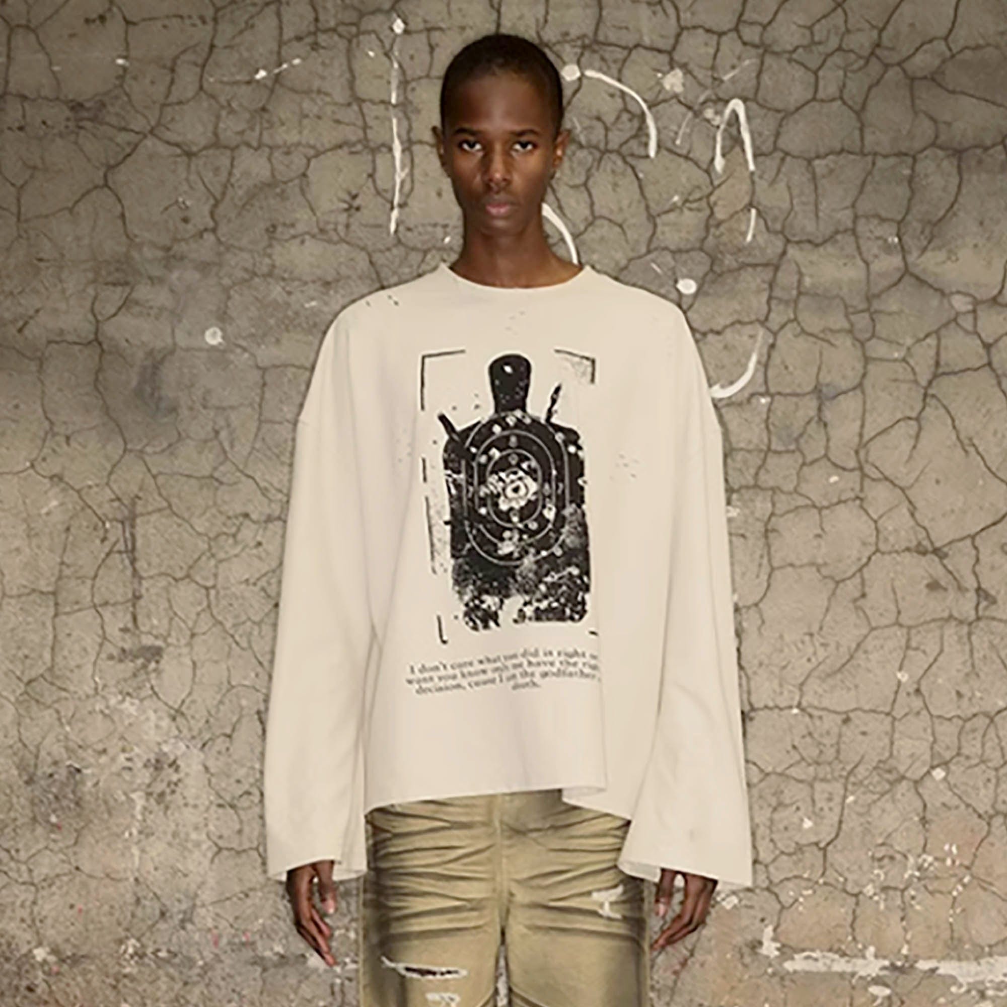 TRIANGLE PROJECT Distressed Target Graphic Long-Sleeve Tee-L/S Tee-S-Free Shipping Leatheretro