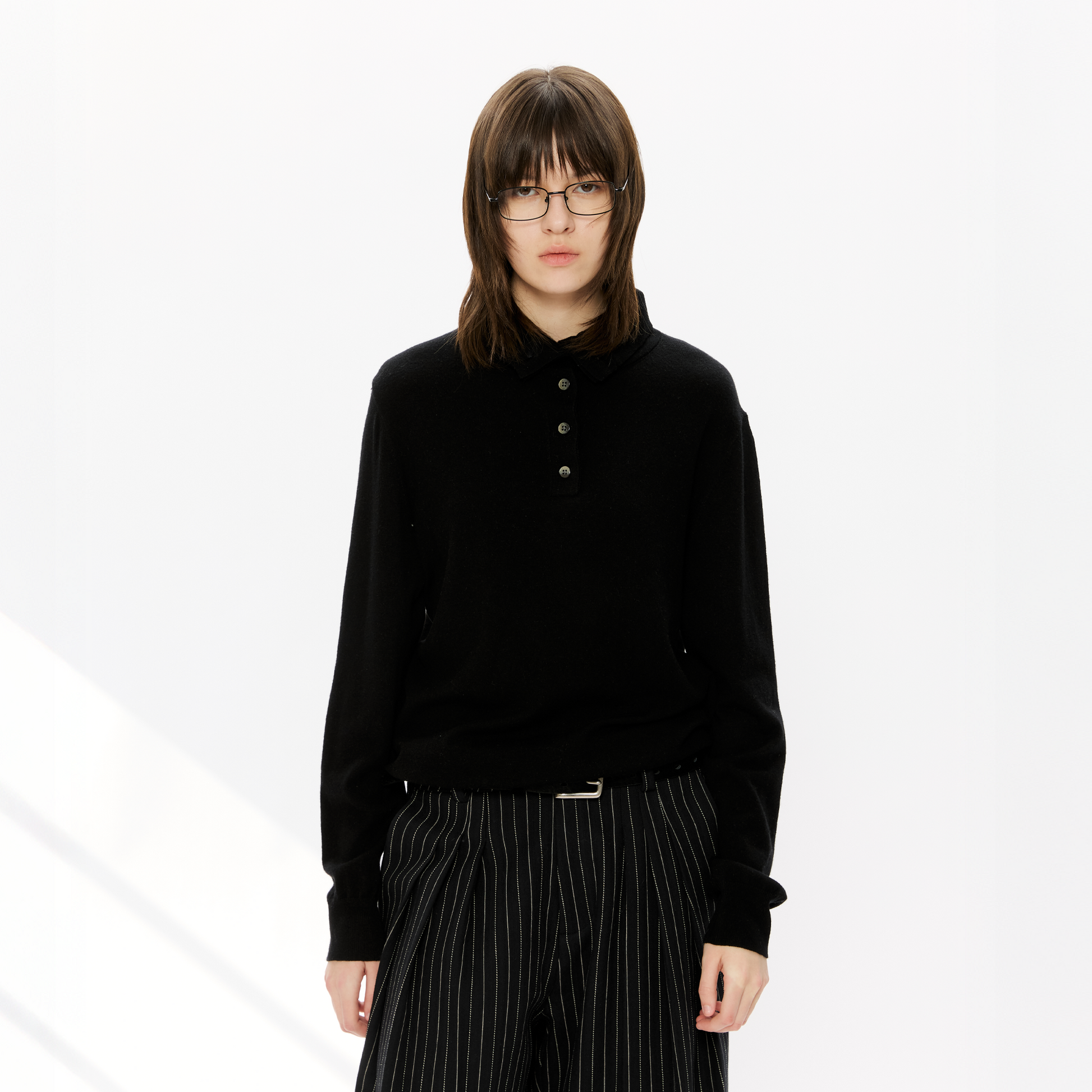 KREATE Double-Collar Wool-Blend Knit Polo-Sweater-S-Black-Free Shipping Leatheretro