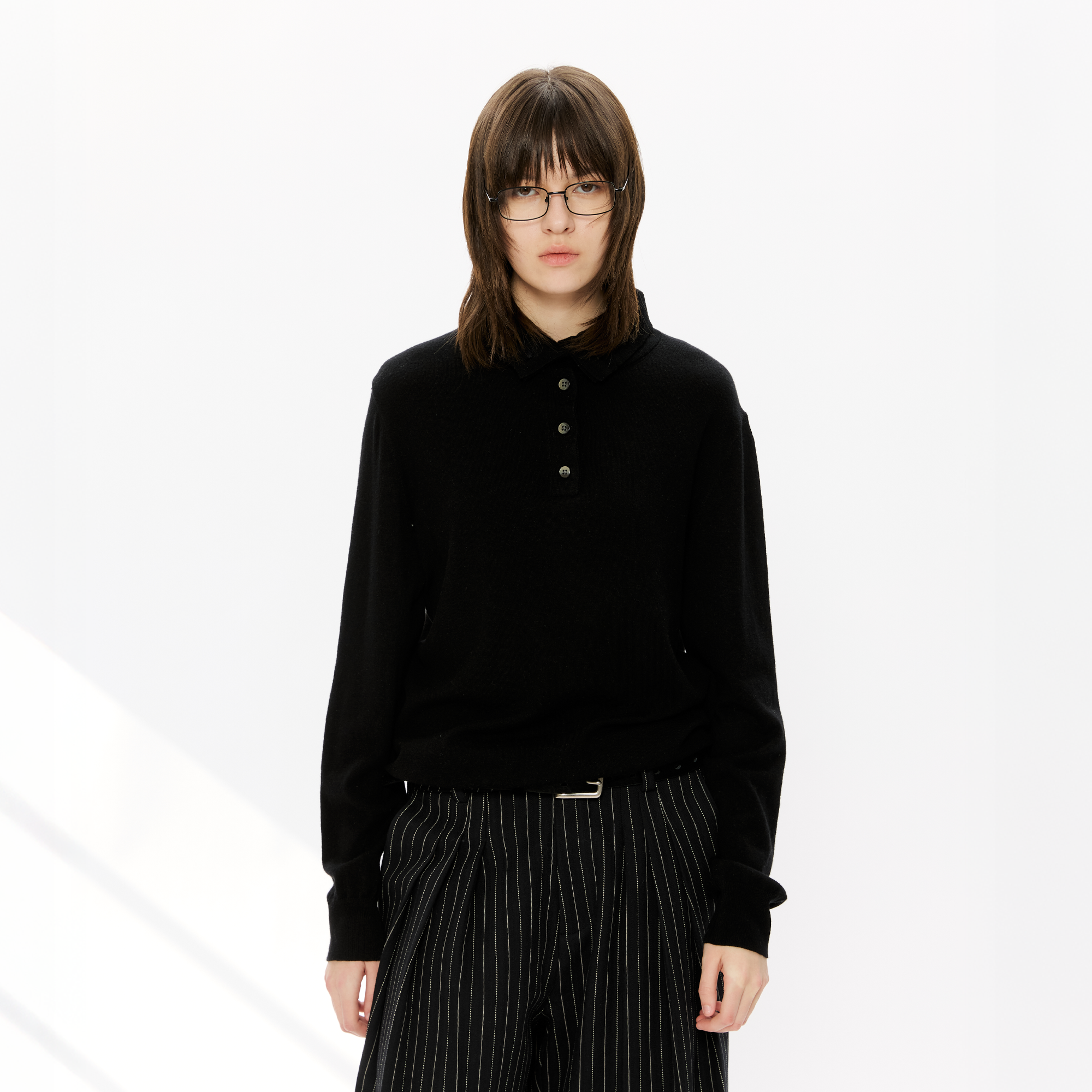 KREATE Double-Collar Wool-Blend Knit Polo-Sweater-S-Black-Free Shipping Leatheretro