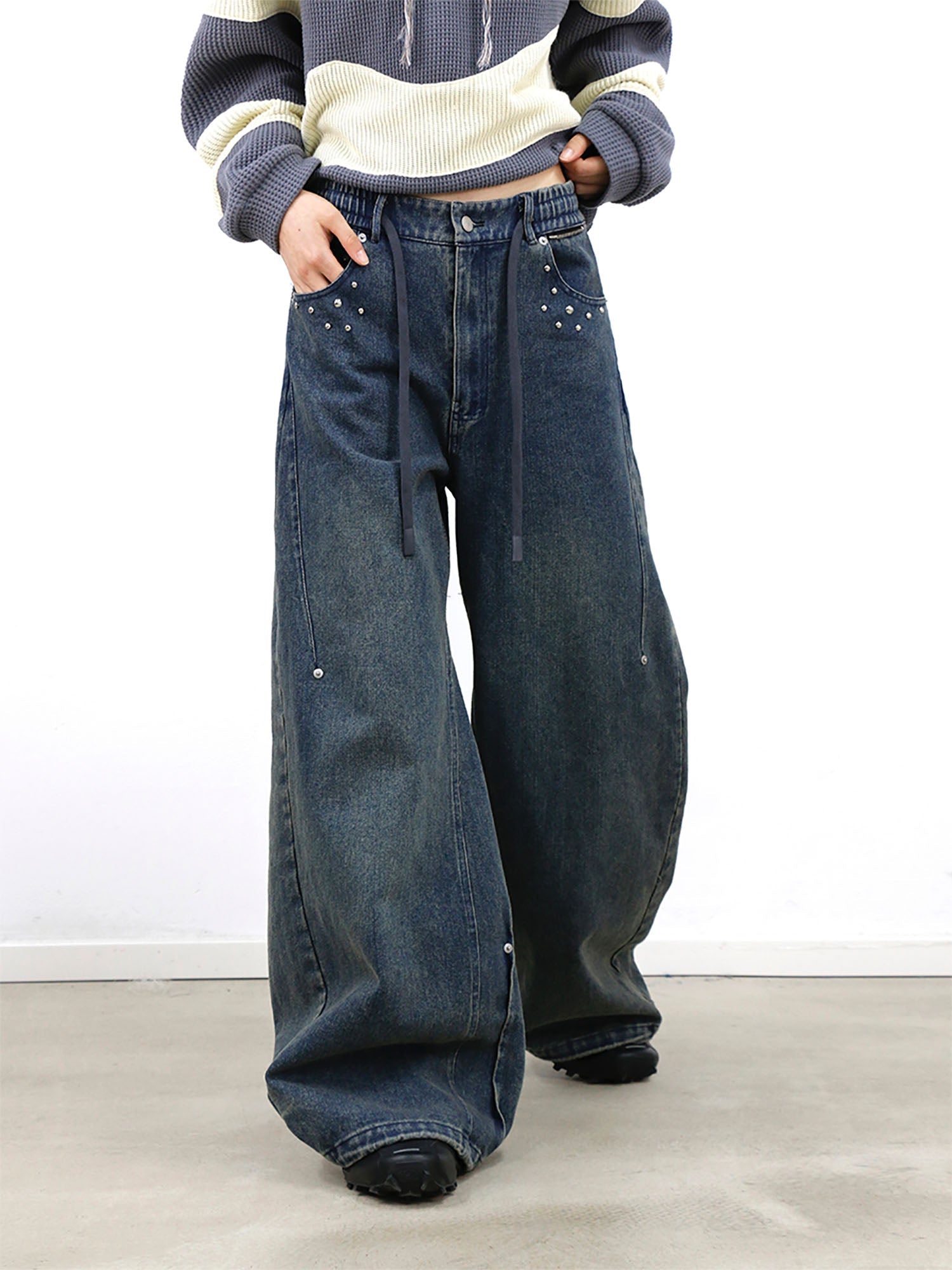 RELABEL Washed Studded Panel Oversized Jeans Blue-Jeans-XS-Free Shipping Leatheretro