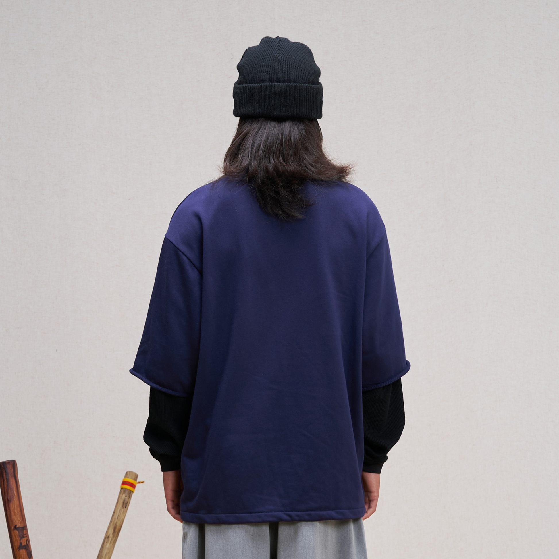 UNLIMITED MOTE Waffle Sleeve Layered Drawstring Hem Sweatshirt-Sweatshirt-XS-Dark Blue-Free Shipping Leatheretro